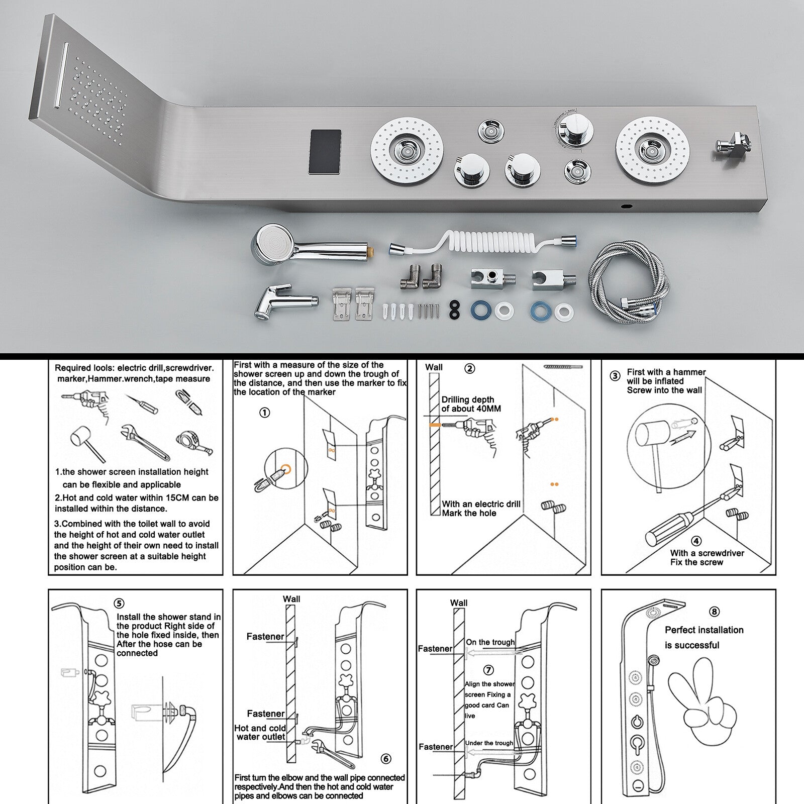 LED Shower Panel Tower Massage System Rain&Waterfall Jets Faucet Stainless Steel