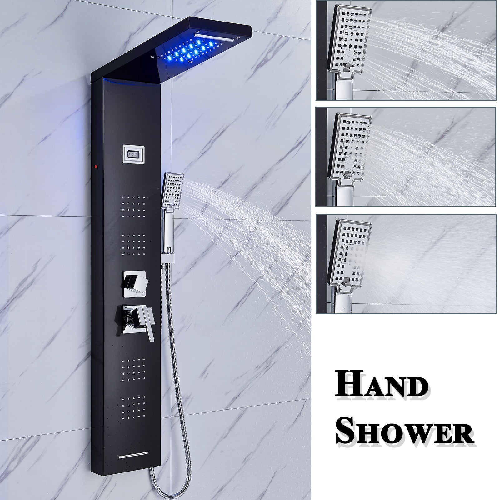 LED Shower Panel Tower Massage System Rain&Waterfall Jets Faucet Stainless Steel
