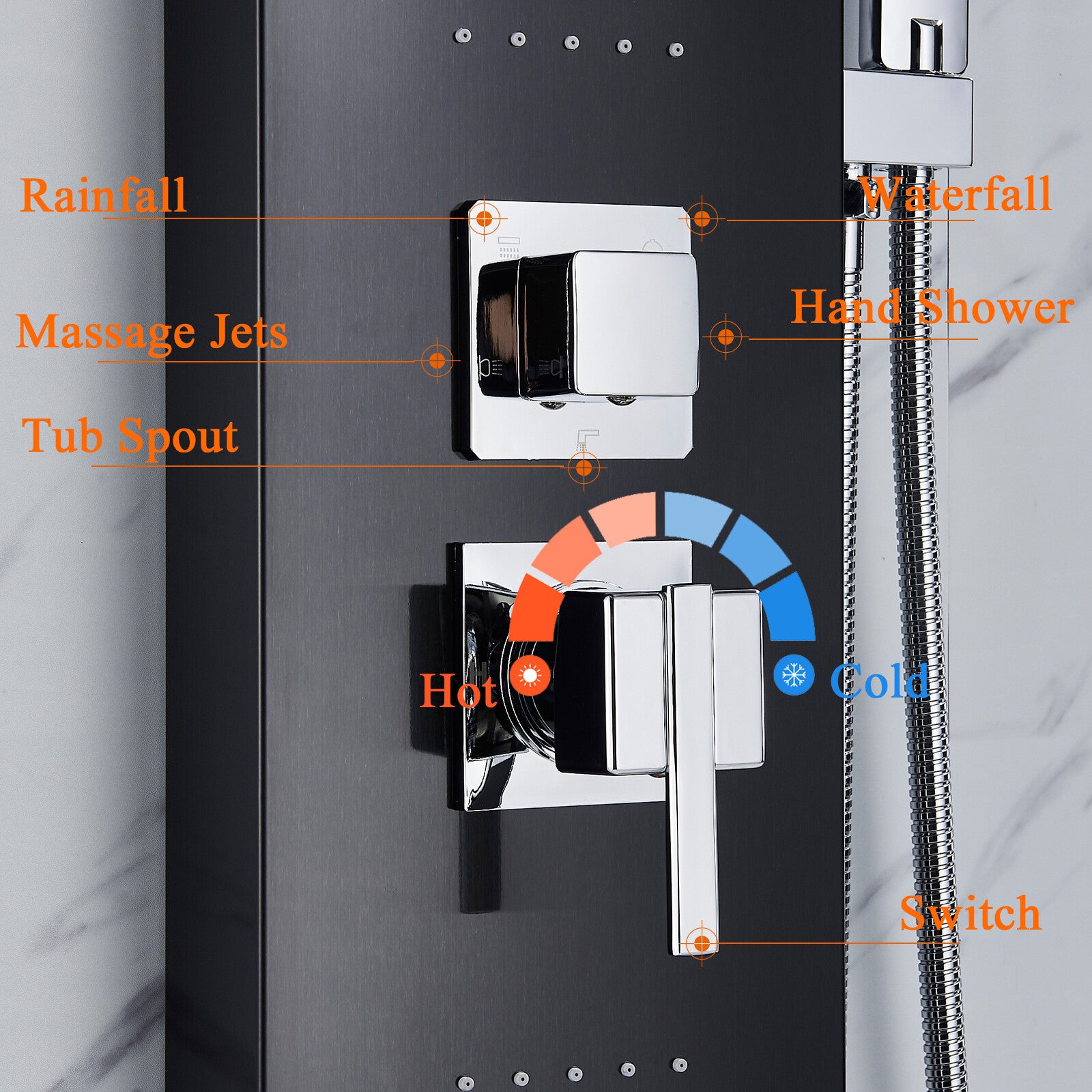 LED Shower Panel Tower Massage System Rain&Waterfall Jets Faucet Stainless Steel