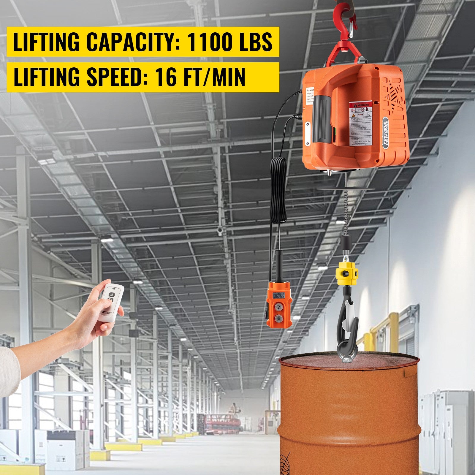 VEVOR 3-in-1 Electric Hoist Winch Portable Crane 1100lbs 25ft w/ Remote Control