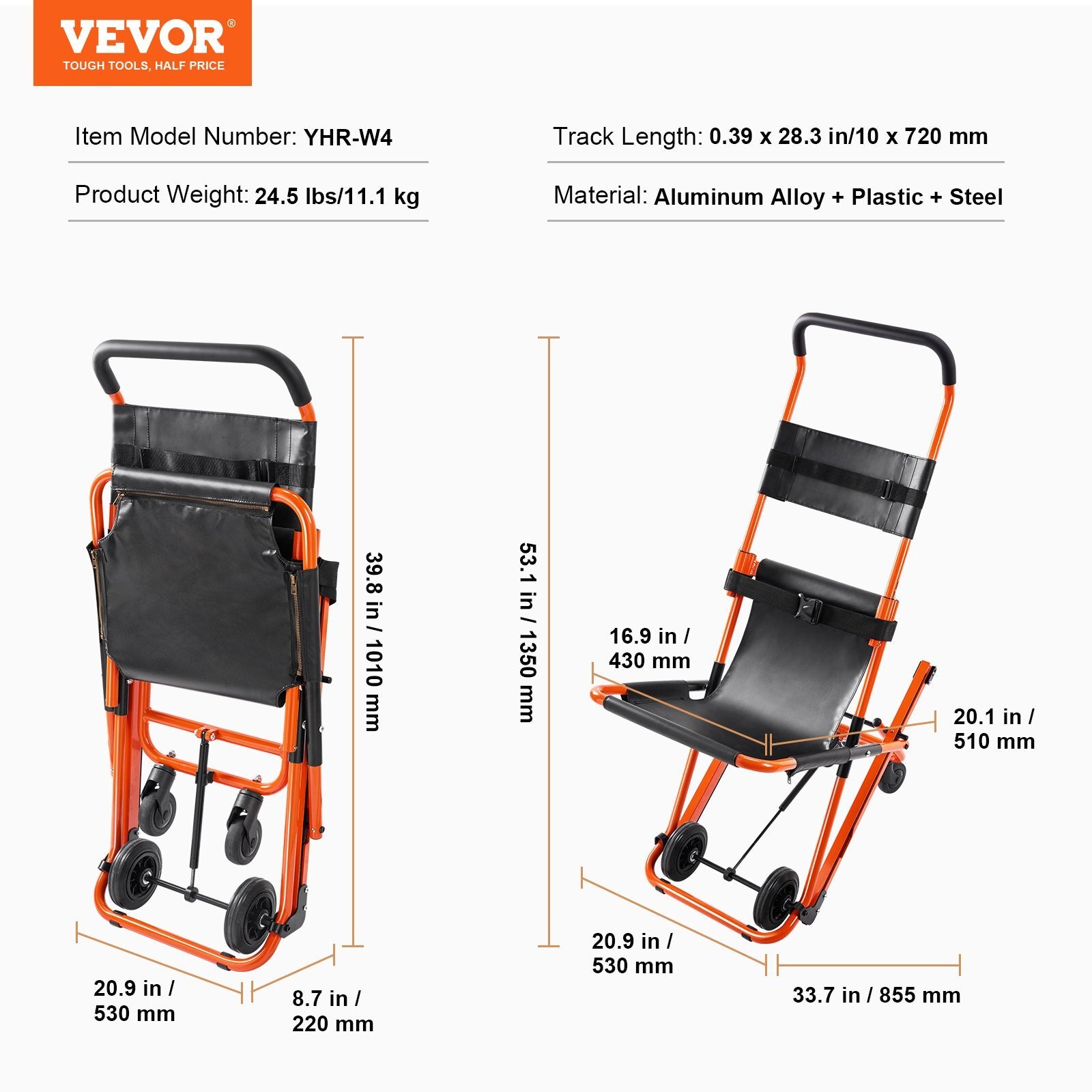 VEVOR Manual Stair Chair, 350 lbs Load Capacity, Foldable Emergency Stair
