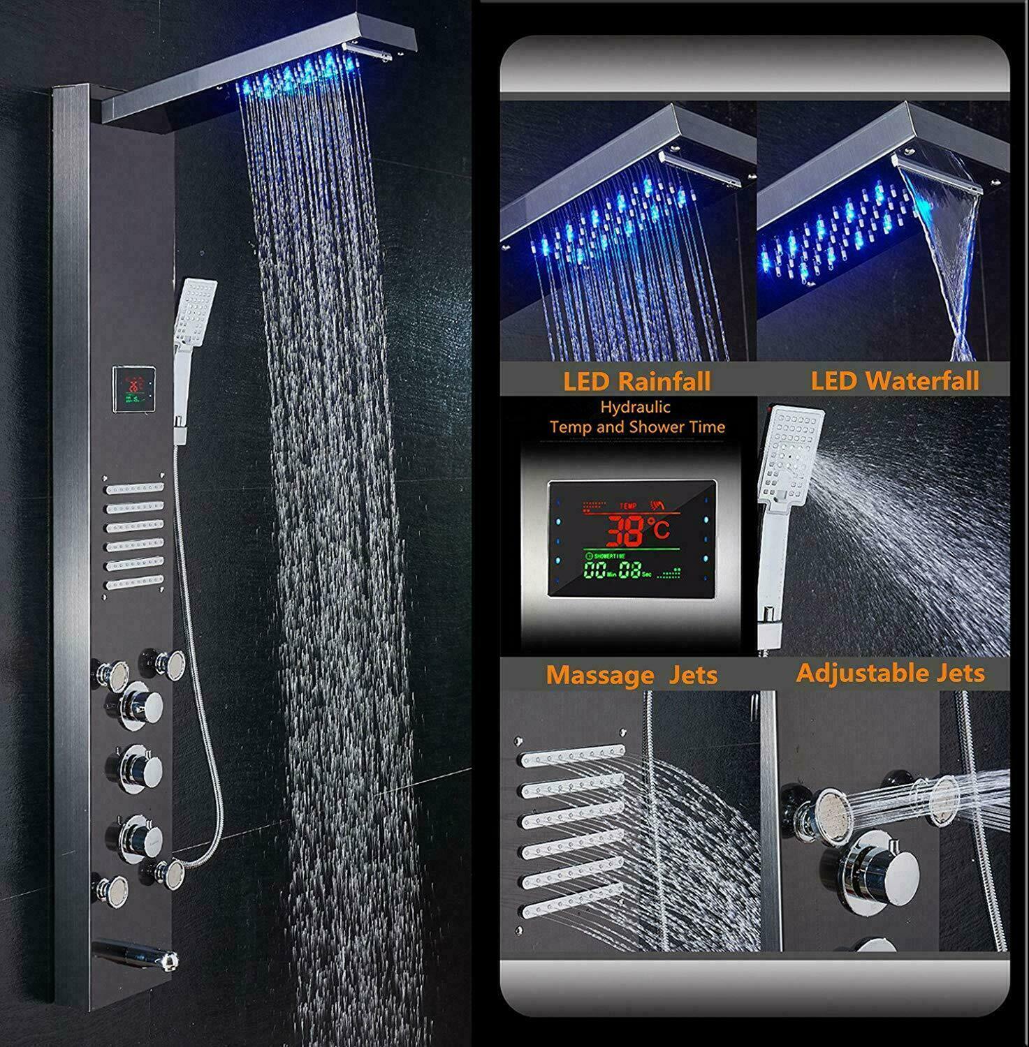 LED Shower Panel Tower Massage System Rain&Waterfall Jets Faucet Stainless Steel