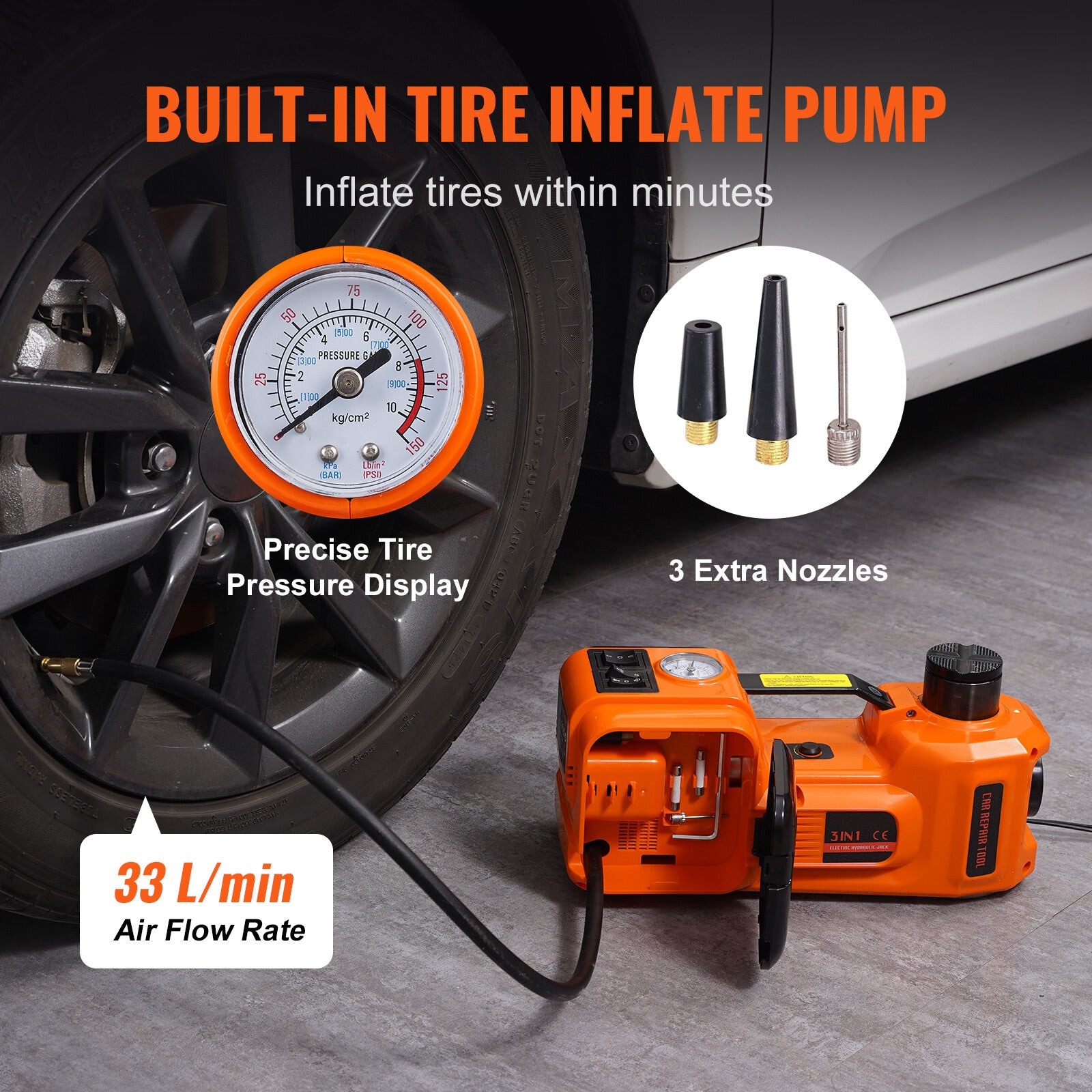 VEVOR 5 Ton 12V Electric Car Floor Jack Hydraulic w/Built-in Tire Inflator Pump