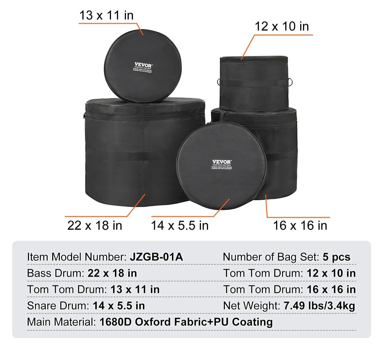 VEVOR 5-Piece Drum Bag Set Padded Drum Cases 1680D Oxford Fabric Foldable