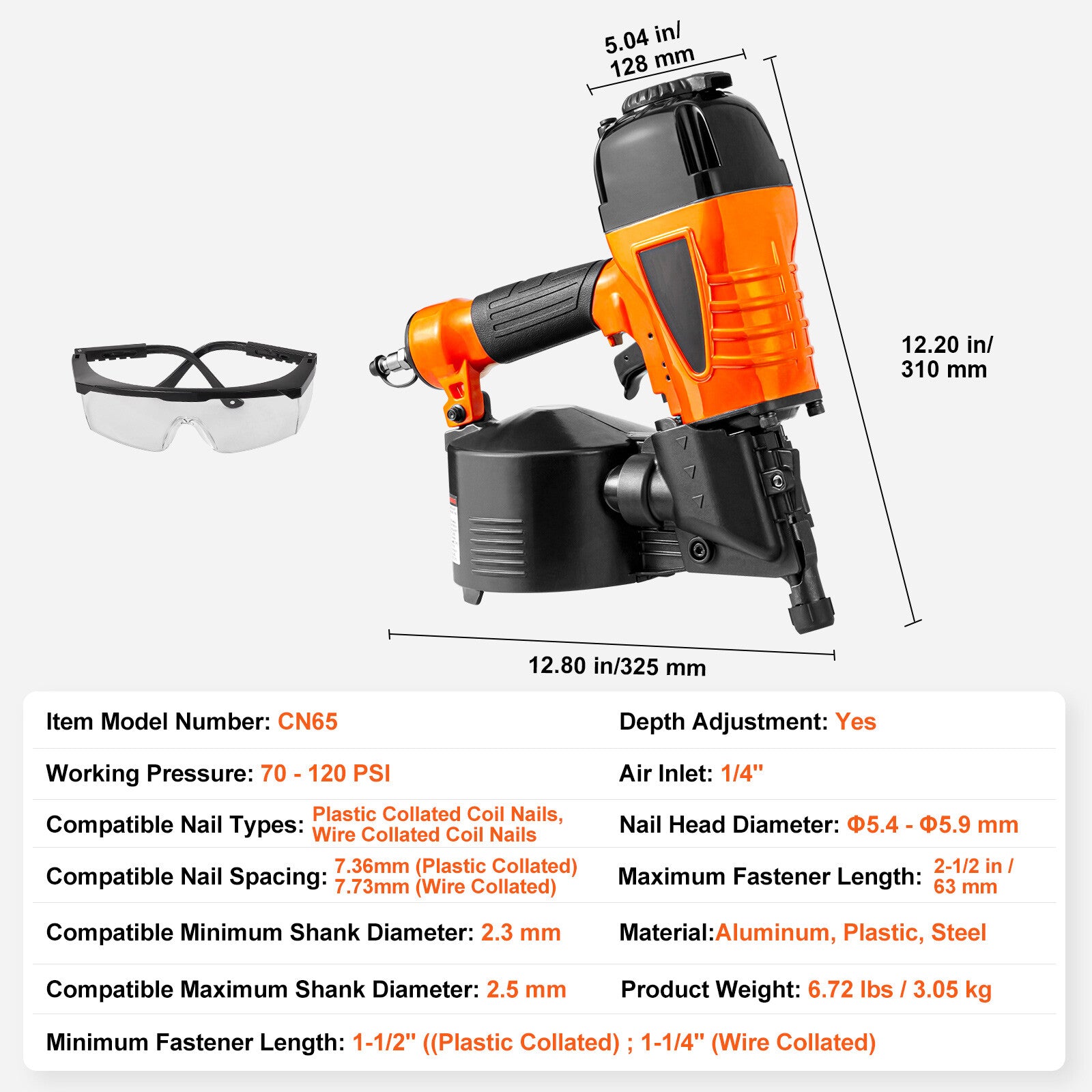 CN65 Coil Siding Nailer 1-1/4" to 2-1/2" 15 Degree Pneumatic Nail Gun