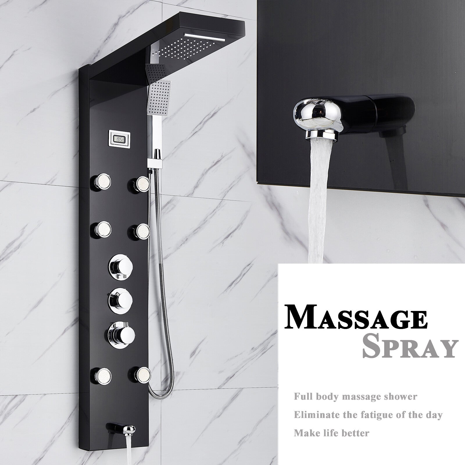 LED Shower Panel Tower Massage System Rain&Waterfall Jets Faucet Stainless Steel