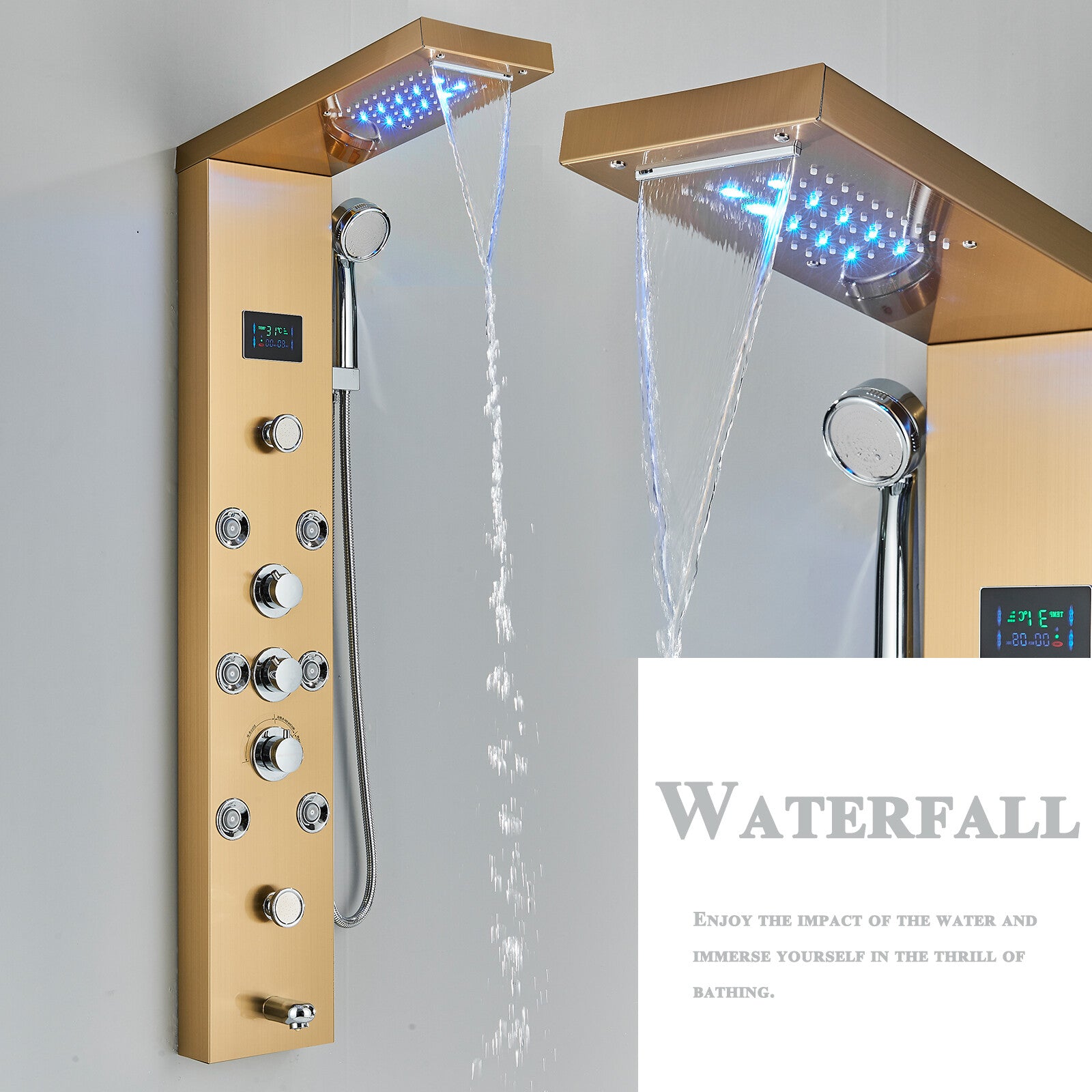 LED Shower Panel Tower Massage System Rain&Waterfall Jets Faucet Stainless Steel