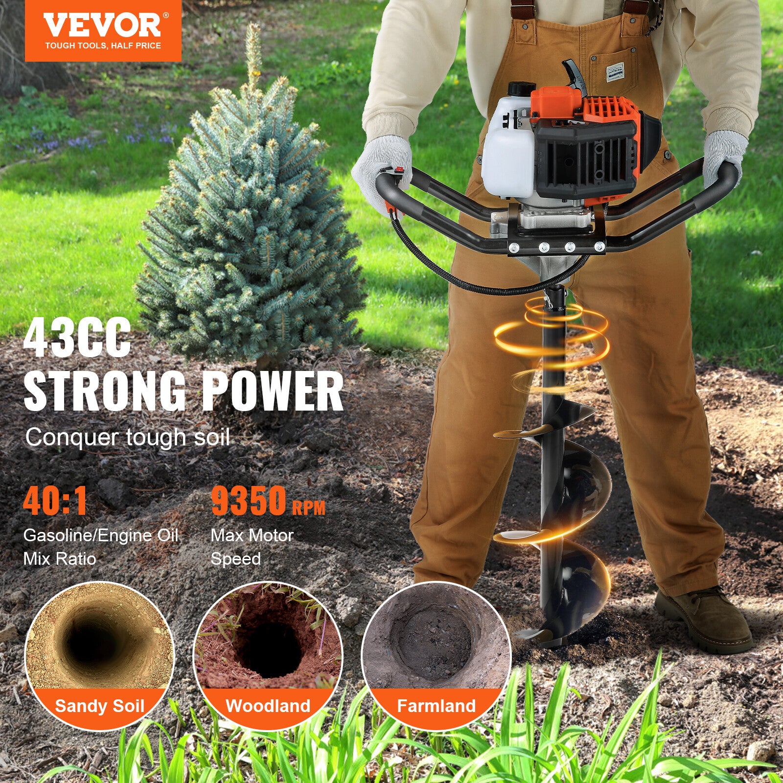 VEVOR Post Hole Digger 43cc Gas Powered Earth Digger with 8" Auger Drill Bit