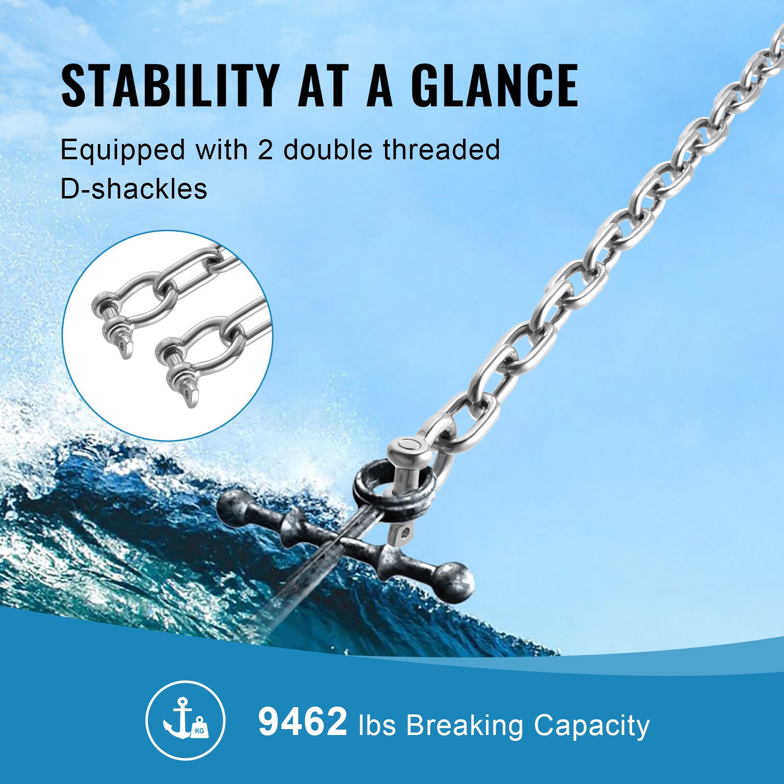 VEVOR 20 ft Anchor Boat Chain 5/16" 316 Stainless Steel with Two Shackles