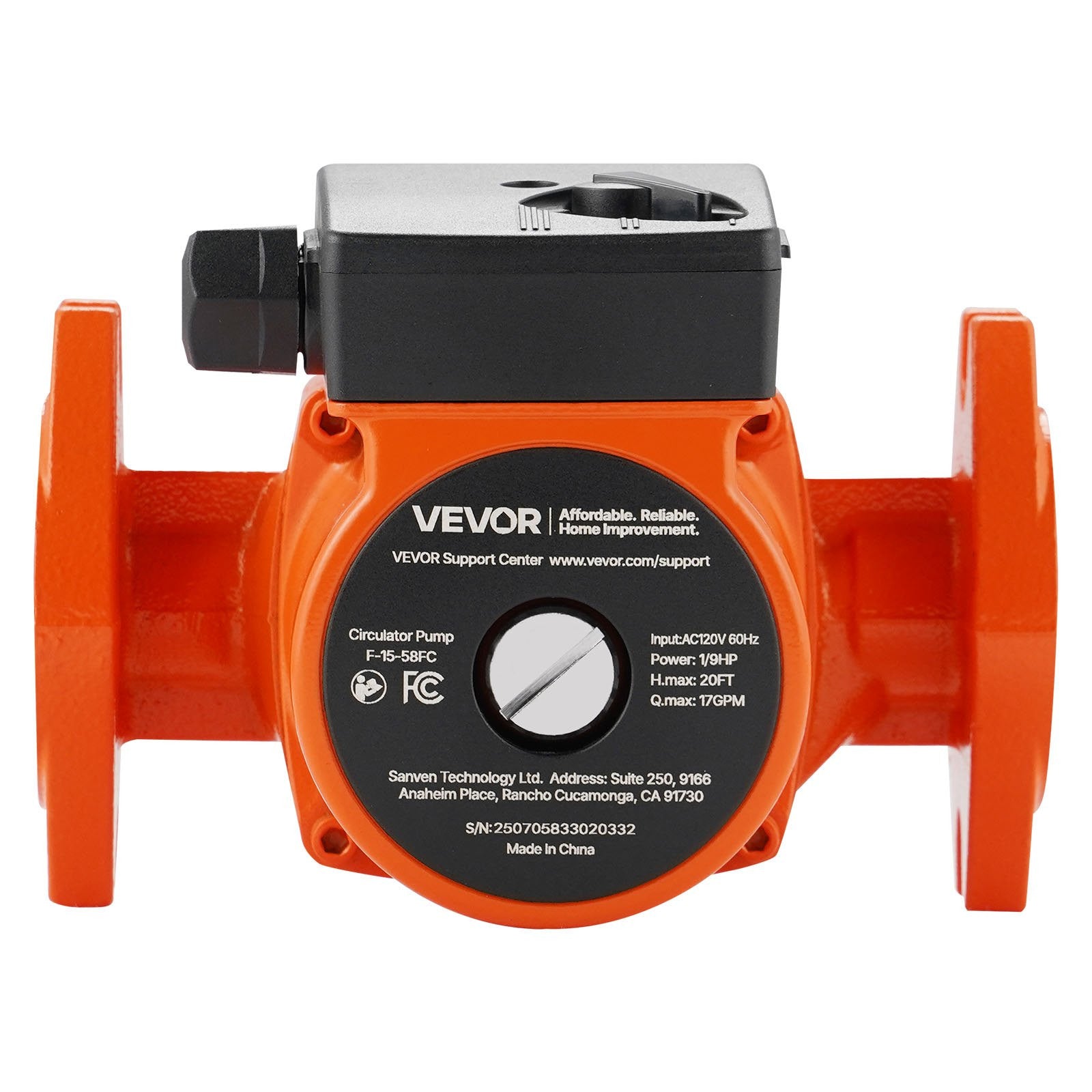 VEVOR 1/9 HP Cast Iron Circulator Pump - 17 GPM, 120V for Hot Water & Heating