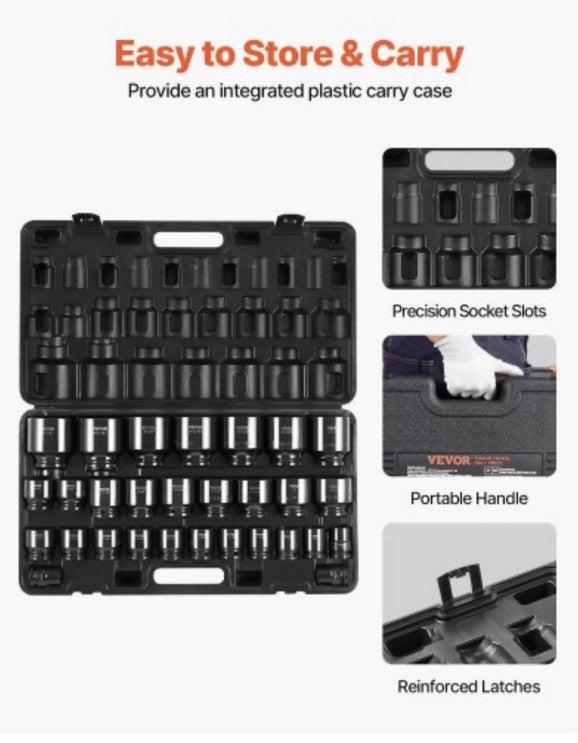 VEVOR 3/4" Impact Socket Set, 29-Piece, 6-Point, CR-M0, SAE 3/4"-2-1/2", w/ Case