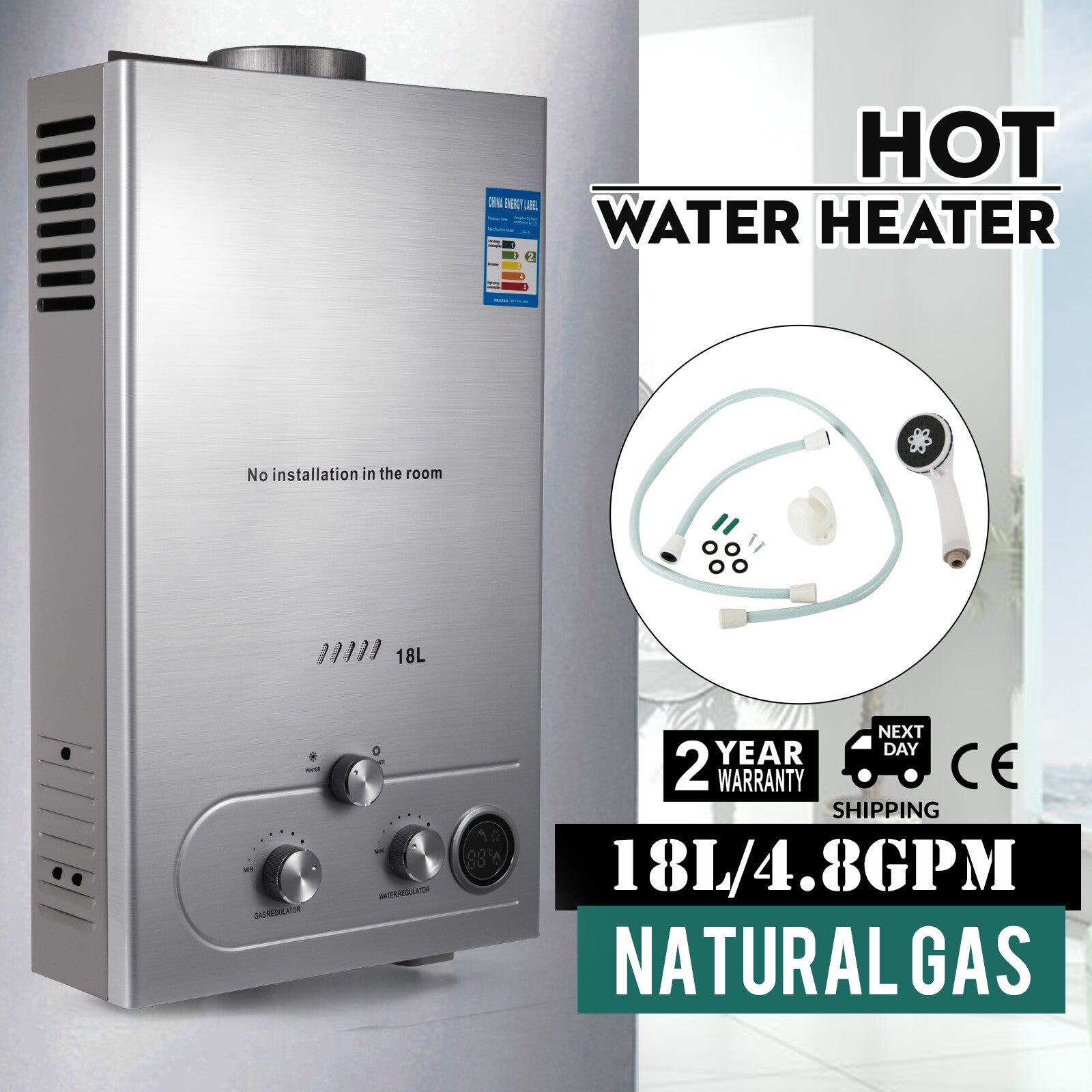 18L 5GPM Natural /Propane Gas Hot Water Heater Tankless On-Demand Instant Boiler