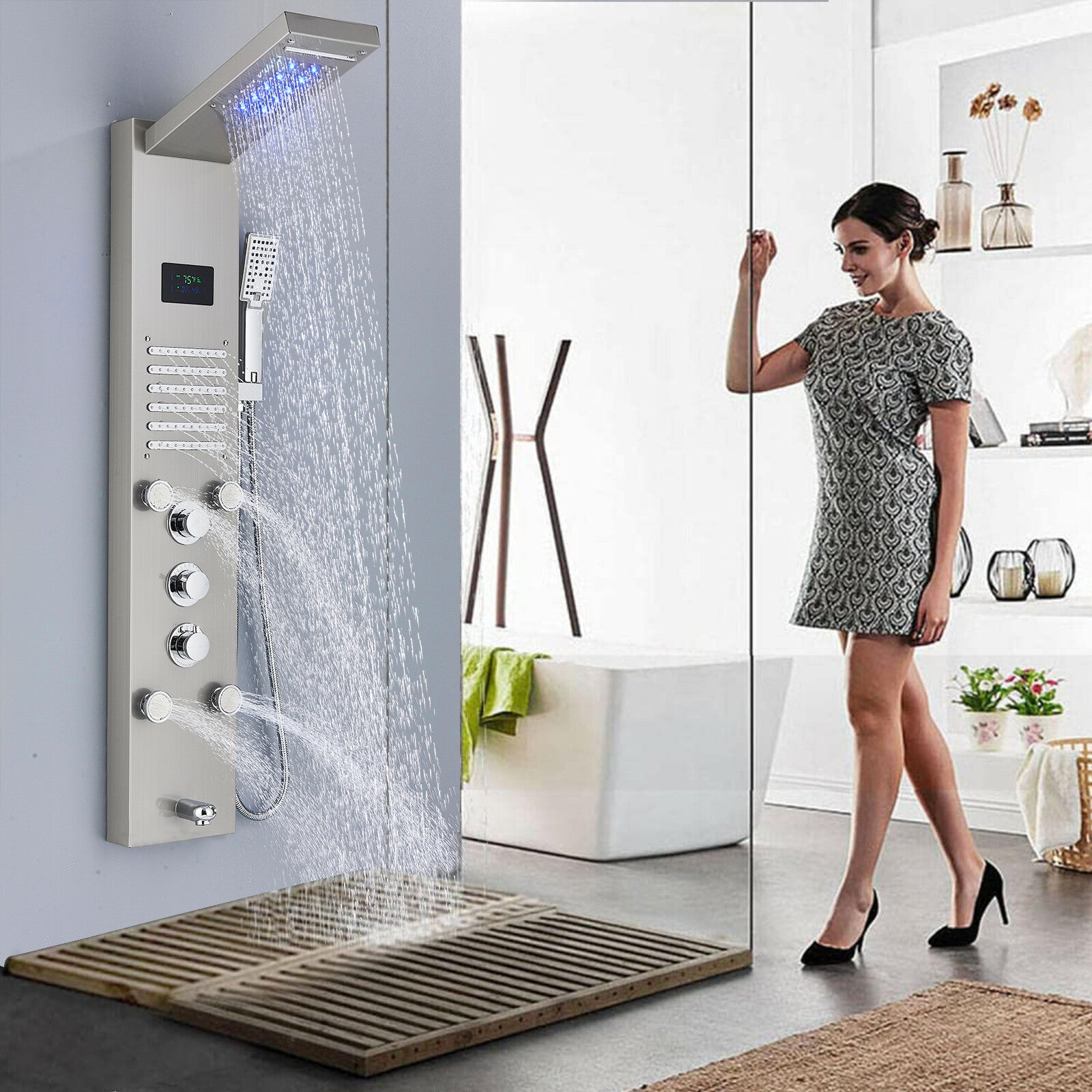 LED Shower Panel Tower Massage System Rain&Waterfall Jets Faucet Stainless Steel