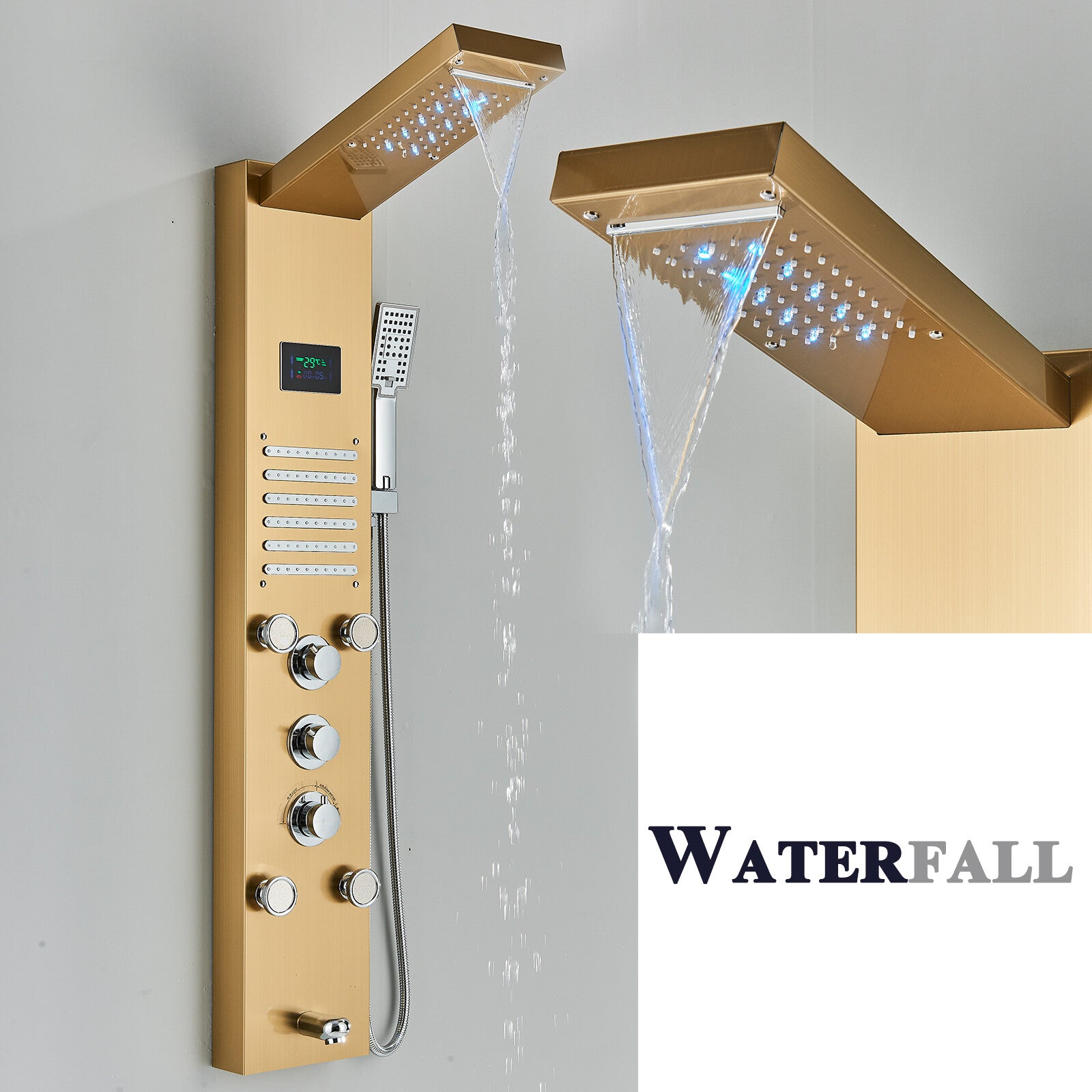 LED Shower Panel Tower Massage System Rain&Waterfall Jets Faucet Stainless Steel