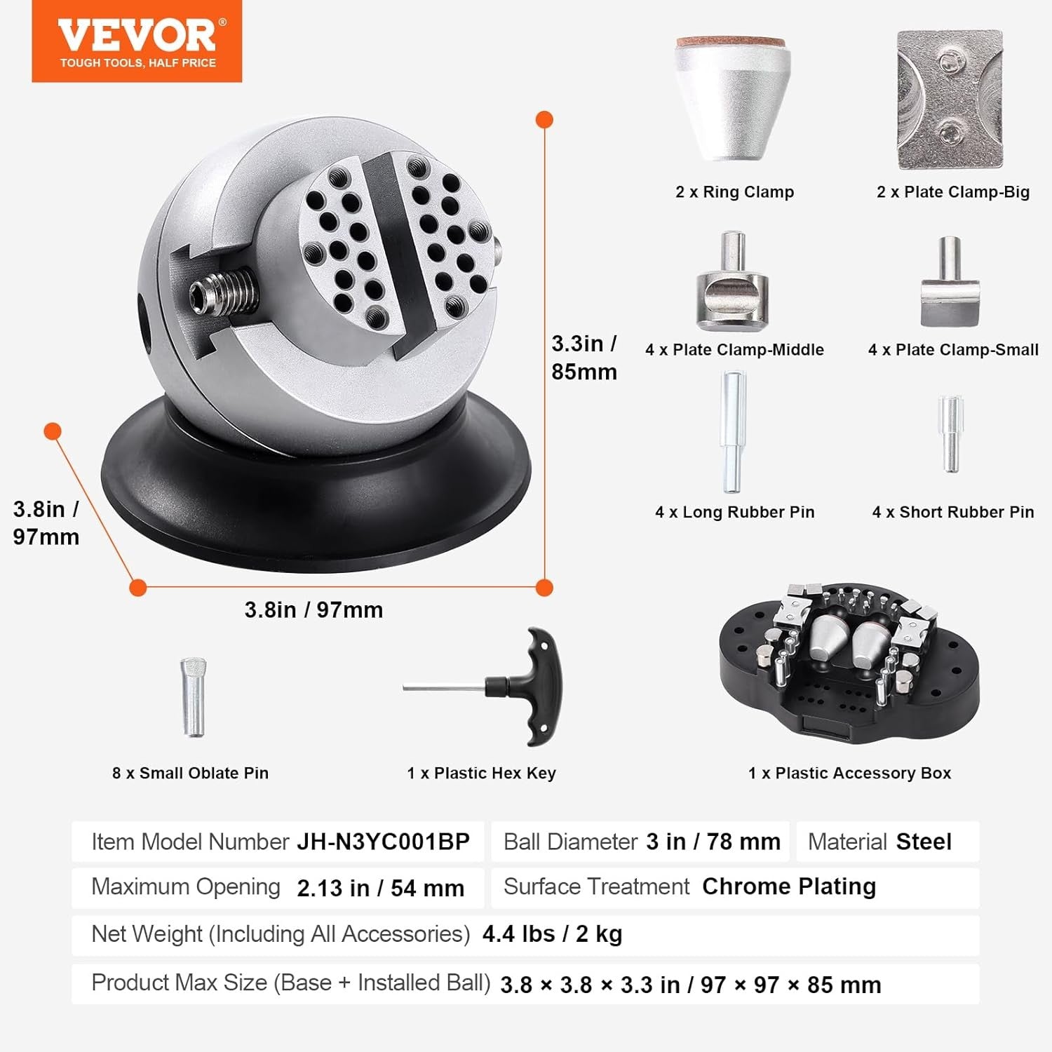 VEVOR Ball Vise, 3" Engraving Setting Tool, 3 Inch-30 pcs attachment, Silver