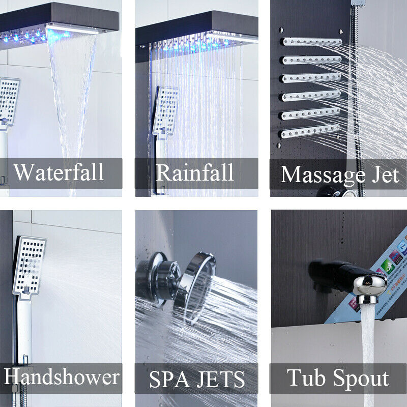 LED Shower Panel Tower Massage System Rain&Waterfall Jets Faucet Stainless Steel
