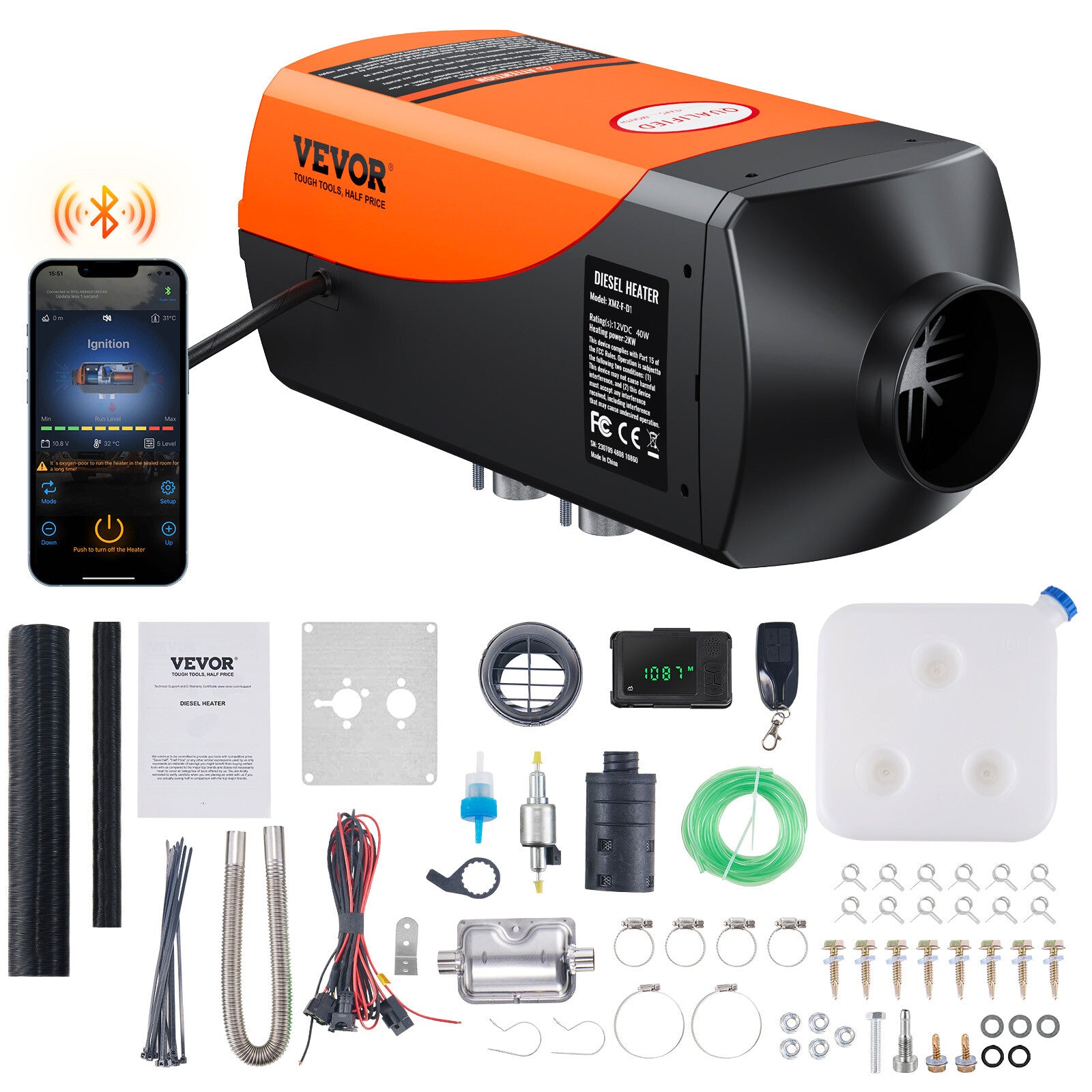 VEVOR Diesel Air Heater 12V 2KW Bluetooth App LCD Display for Car Bus RV Camper