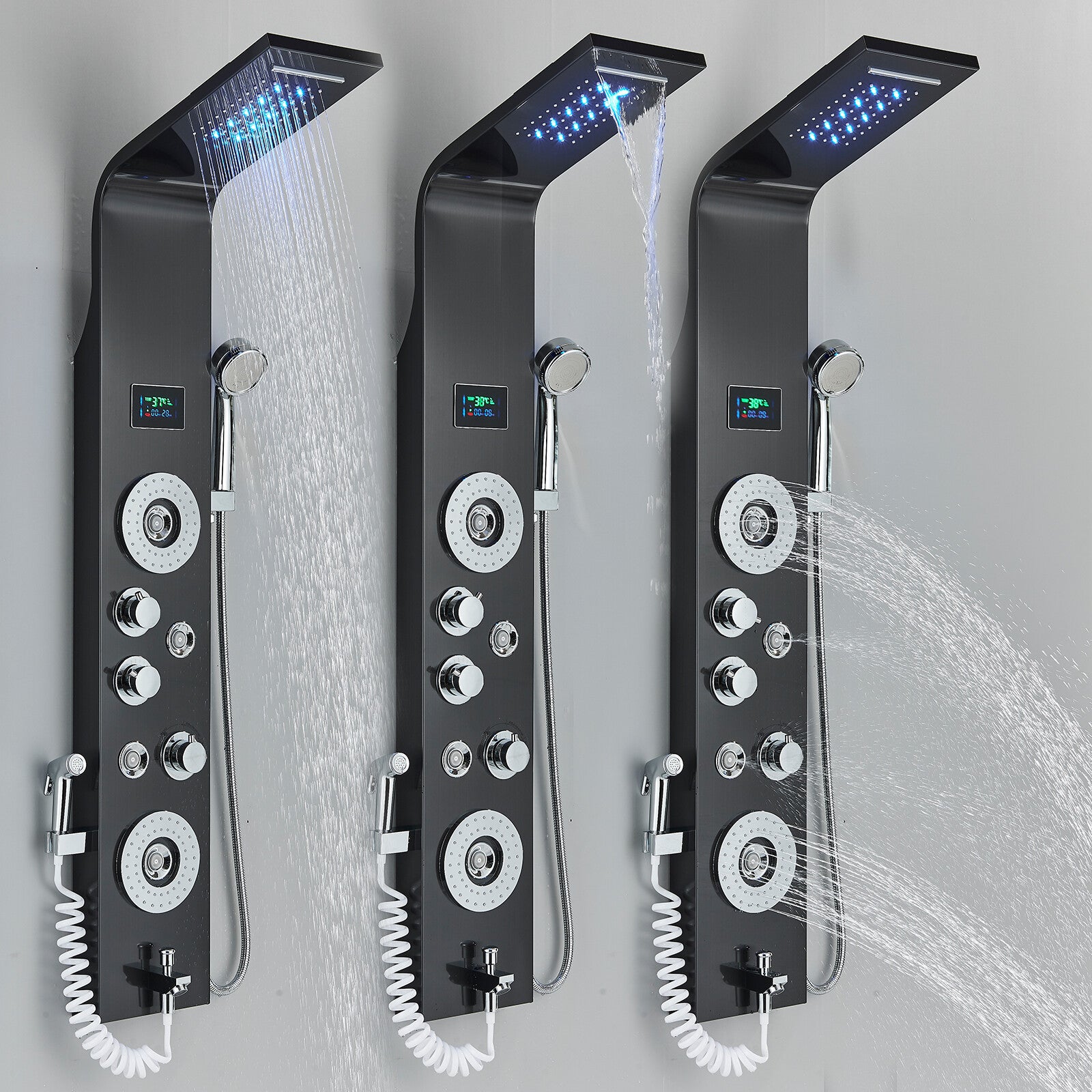 LED Shower Panel Tower Massage System Rain&Waterfall Jets Faucet Stainless Steel