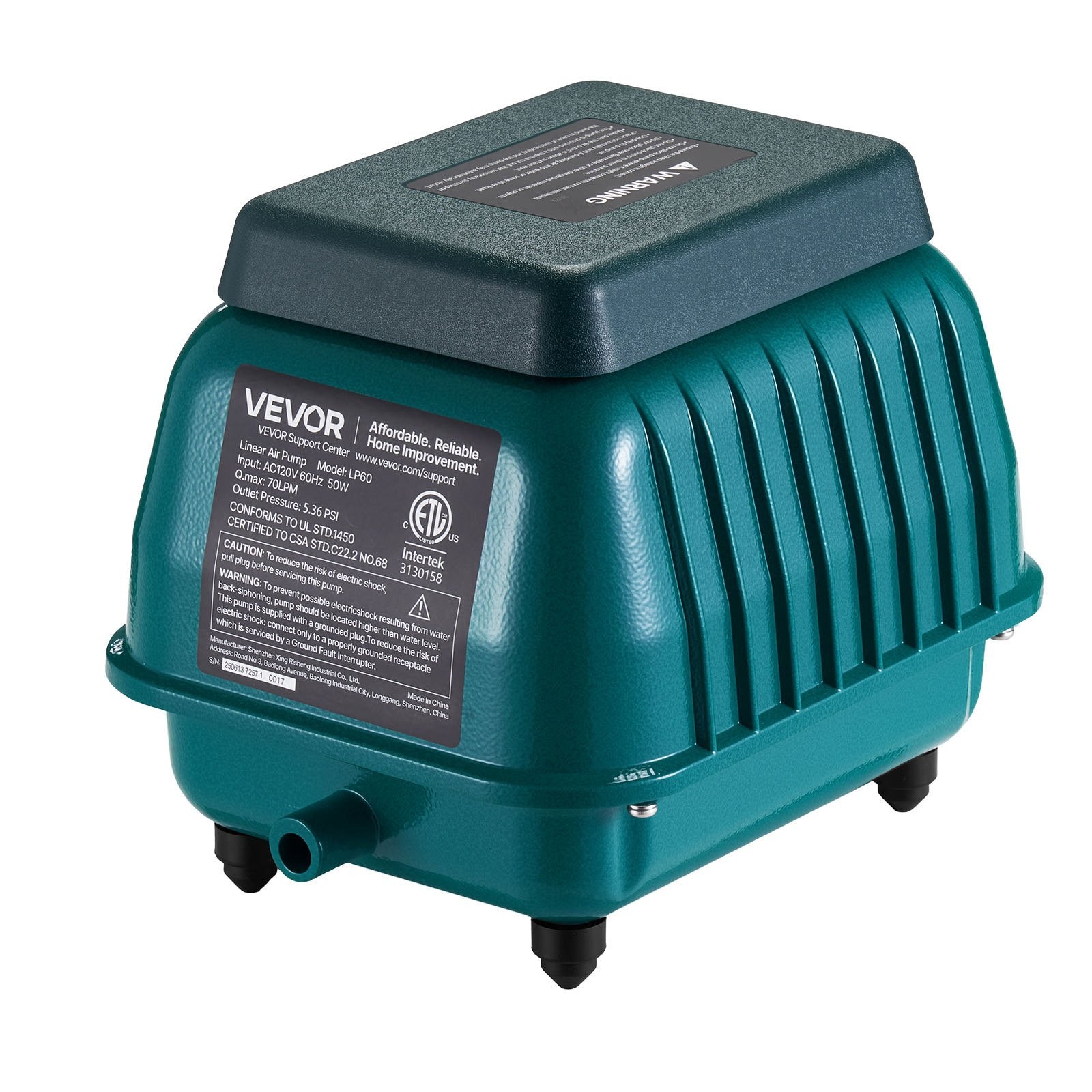 VEVOR 50W Linear Air Pump | 1110 GPH Septic & Pond Aerator | For 10ft Depth