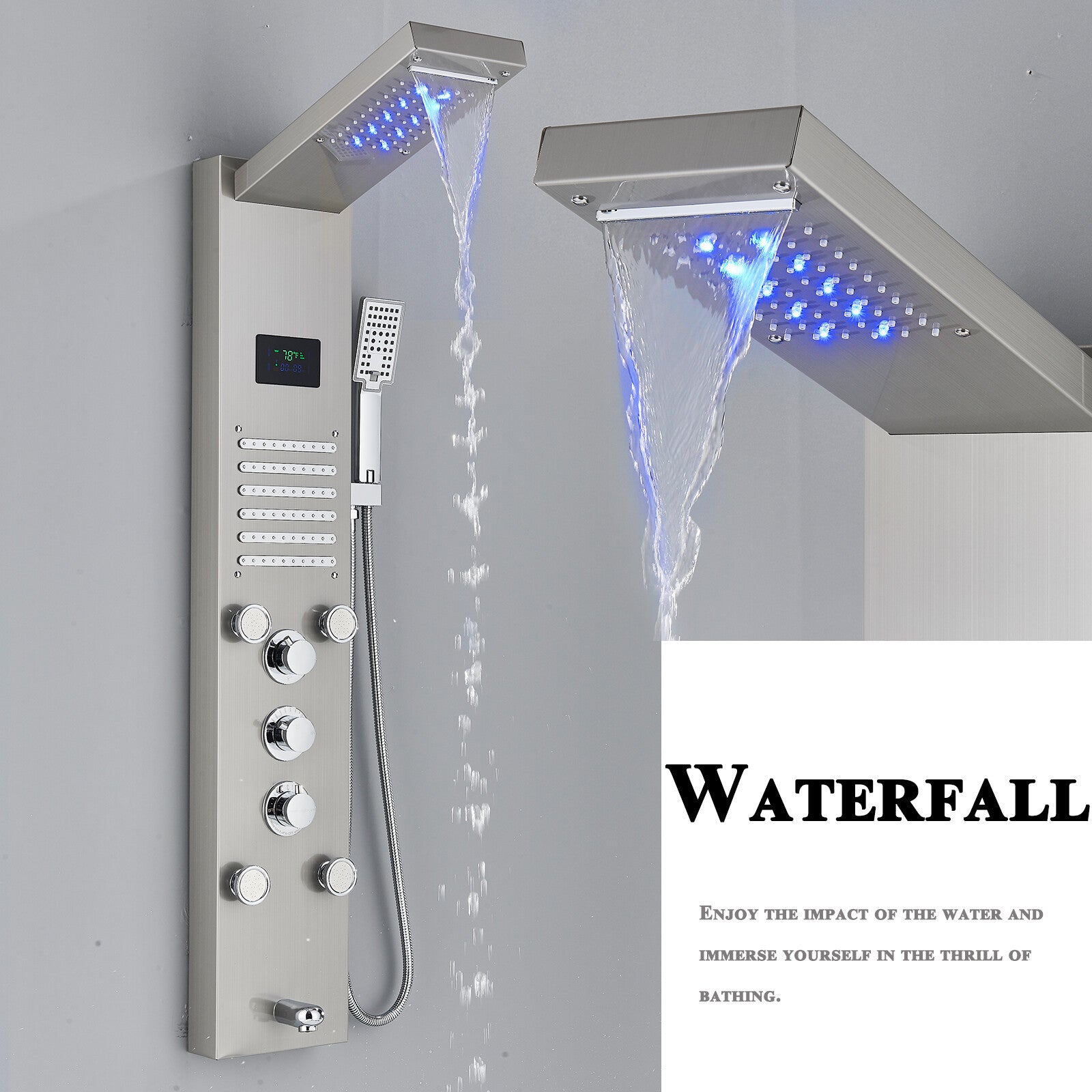LED Shower Panel Tower Massage System Rain&Waterfall Jets Faucet Stainless Steel