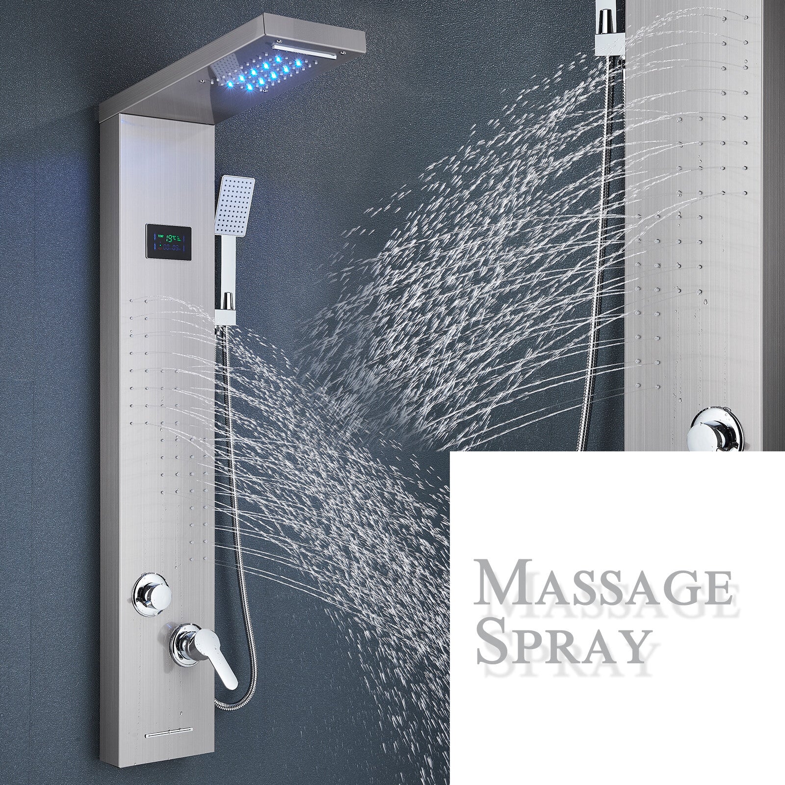 LED Shower Panel Tower Massage System Rain&Waterfall Jets Faucet Stainless Steel