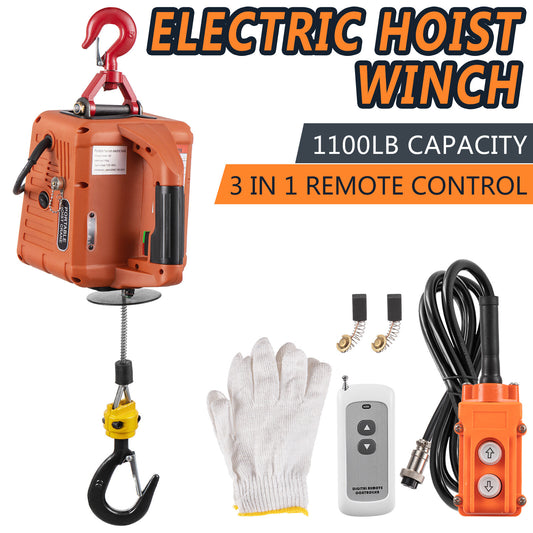 3-in-1 Portable Crane Electric Hoist Winch 1100lbs Wired/Wireless Remote Control