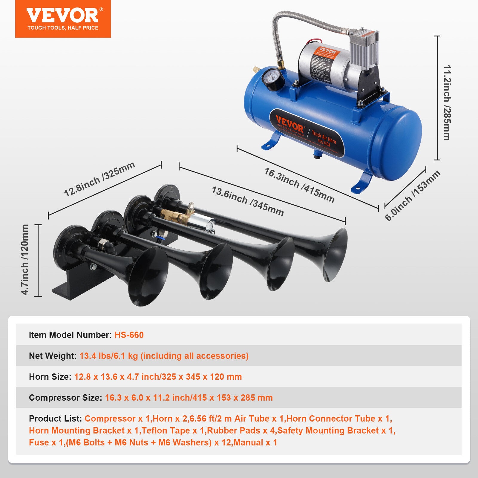 VEVOR Train Horns Kit 4 Trumpet Air Horn Kit 120 psi Air Compressor 1.6 Gal Tank