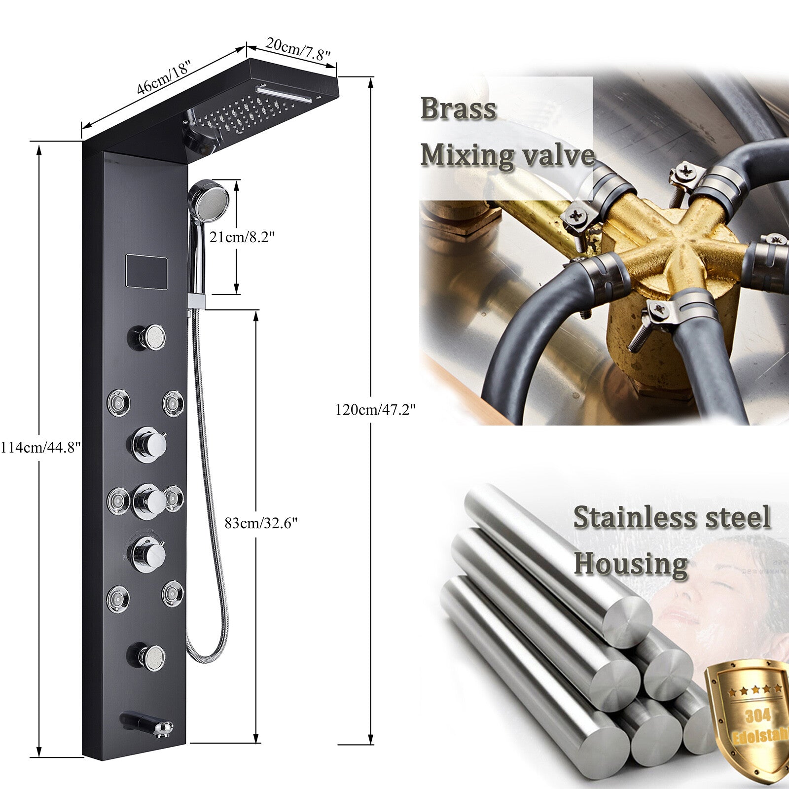 LED Shower Panel Tower Massage System Rain&Waterfall Jets Faucet Stainless Steel