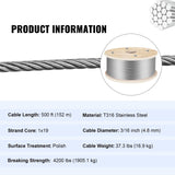 Uimoso T316 500Ft Stainless Steel Cable 3/16" Cable Railing Wire Rope Cable 1x19