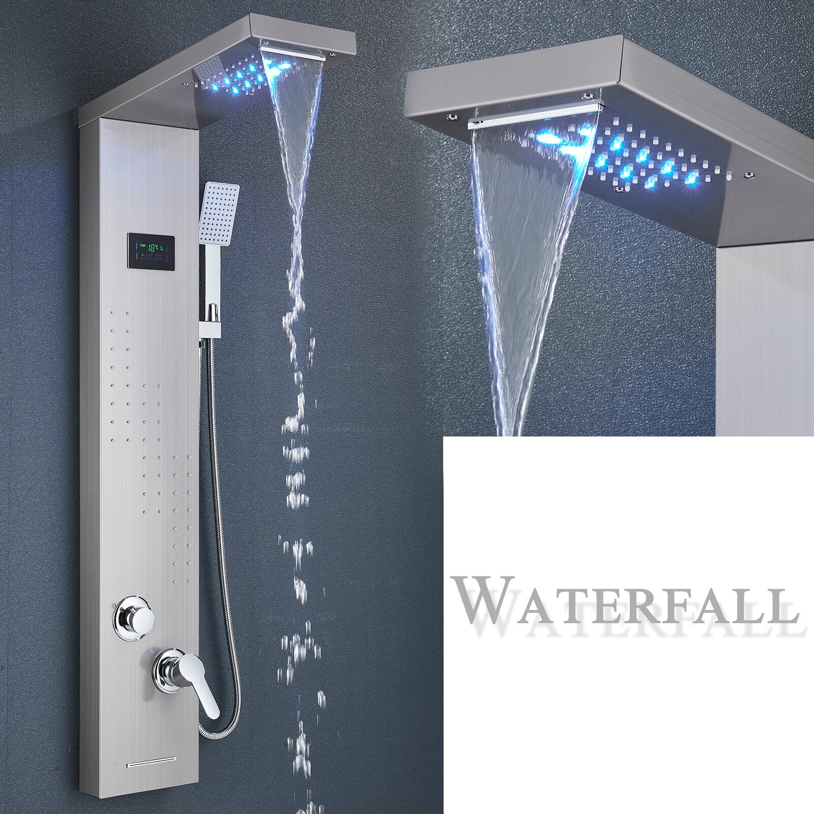 LED Shower Panel Tower Massage System Rain&Waterfall Jets Faucet Stainless Steel