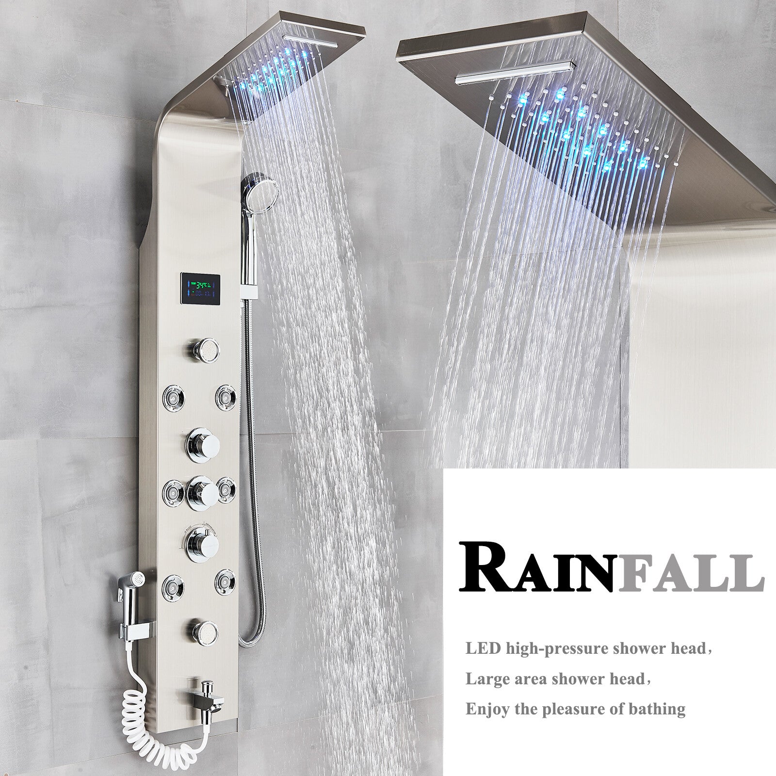 LED Shower Panel Tower Massage System Rain&Waterfall Jets Faucet Stainless Steel