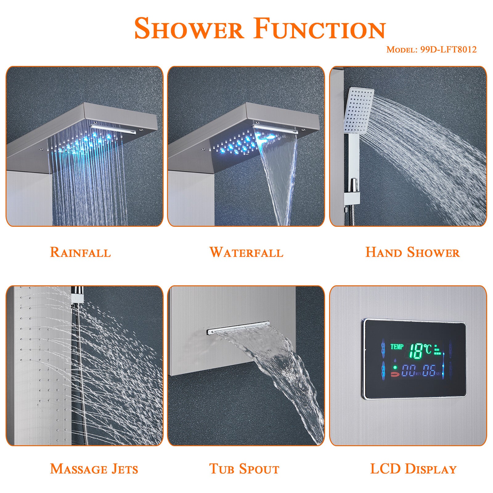 LED Shower Panel Tower Massage System Rain&Waterfall Jets Faucet Stainless Steel
