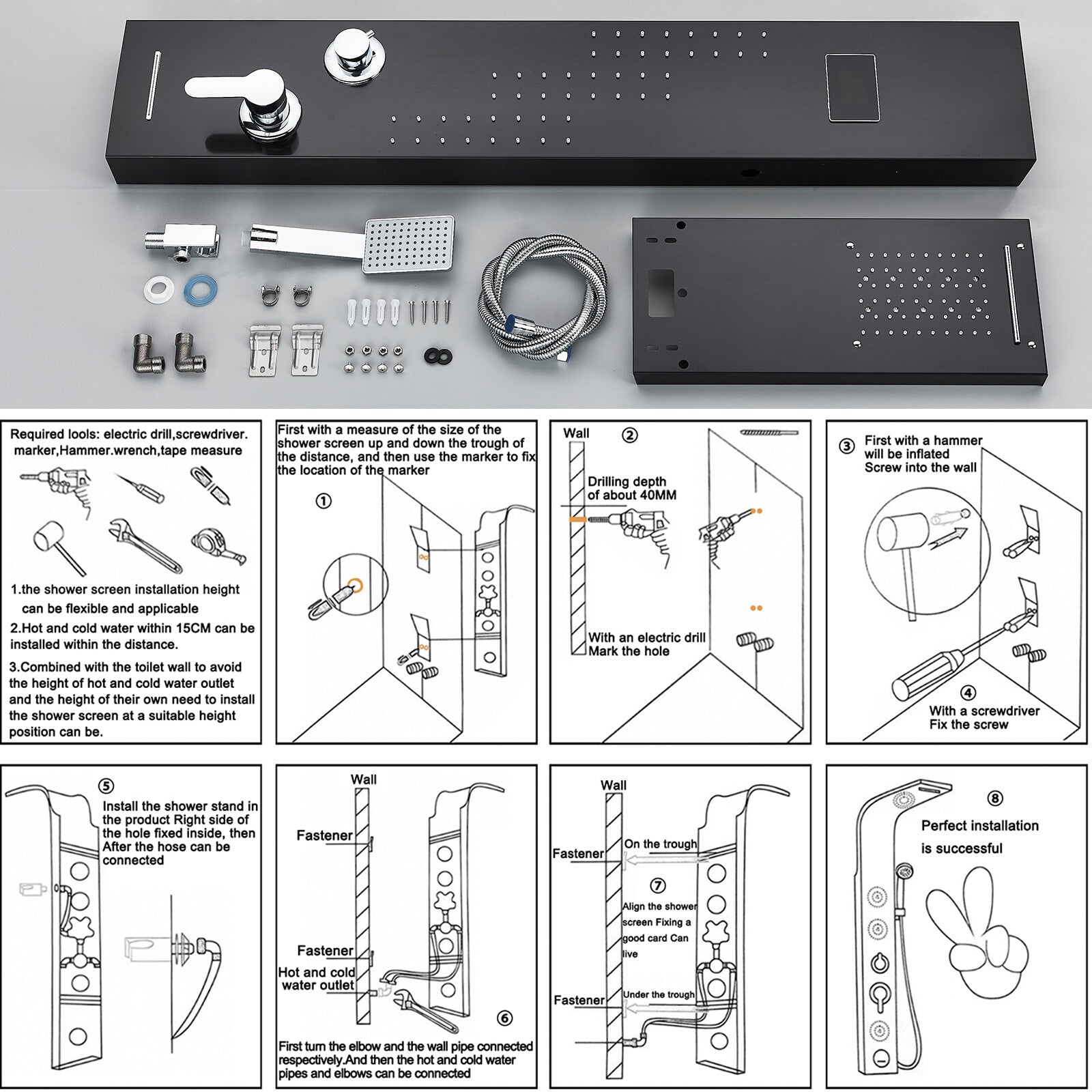 LED Shower Panel Tower Massage System Rain&Waterfall Jets Faucet Stainless Steel