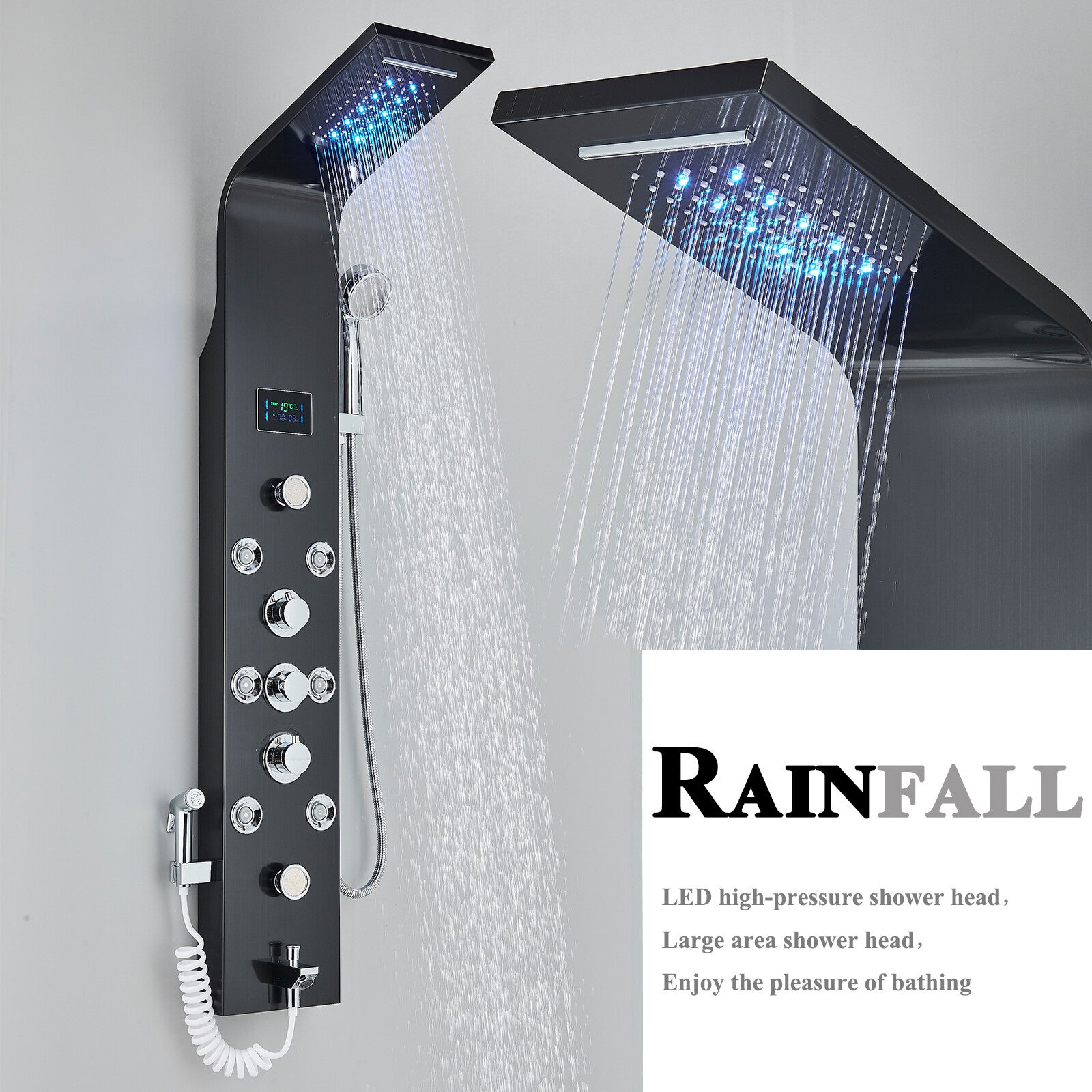LED Shower Panel Tower Massage System Rain&Waterfall Jets Faucet Stainless Steel