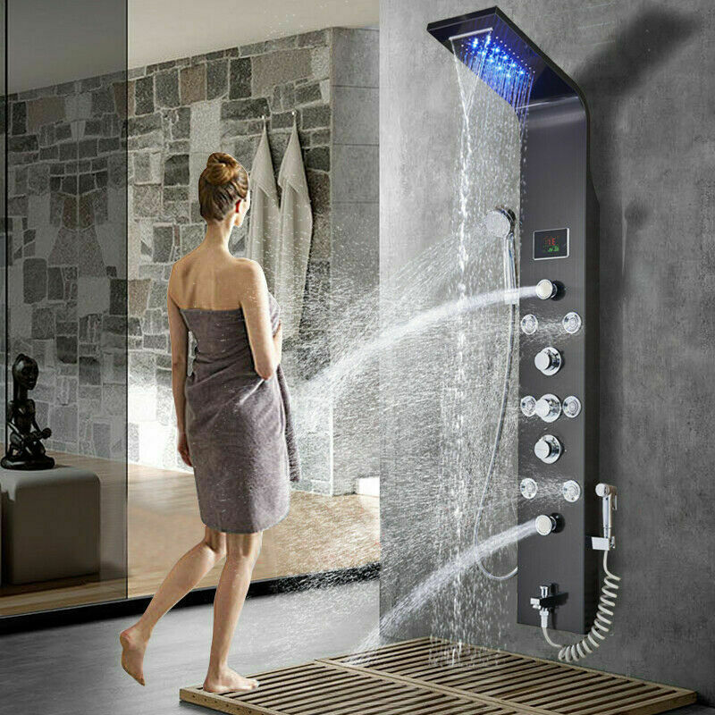 LED Shower Panel Tower Massage System Rain&Waterfall Jets Faucet Stainless Steel