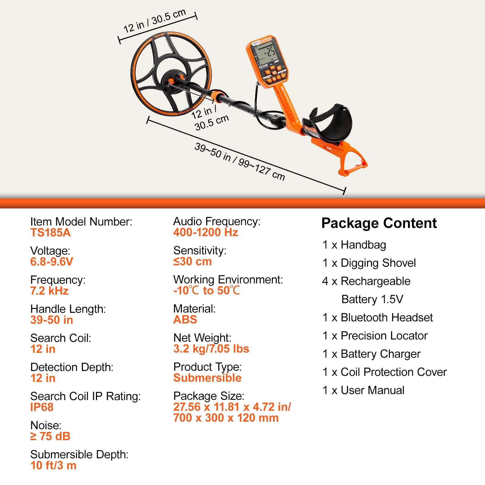 VEVOR Waterproof Metal Detector Professional Rechargeable Gold Detector 12" Coil