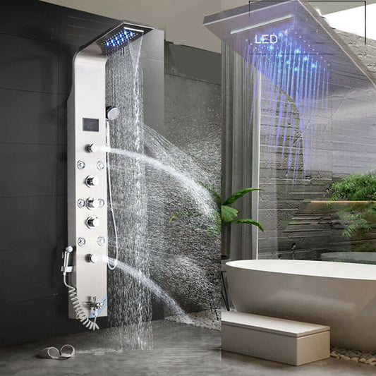 LED Shower Panel Tower Massage System Rain&Waterfall Jets Faucet Stainless Steel