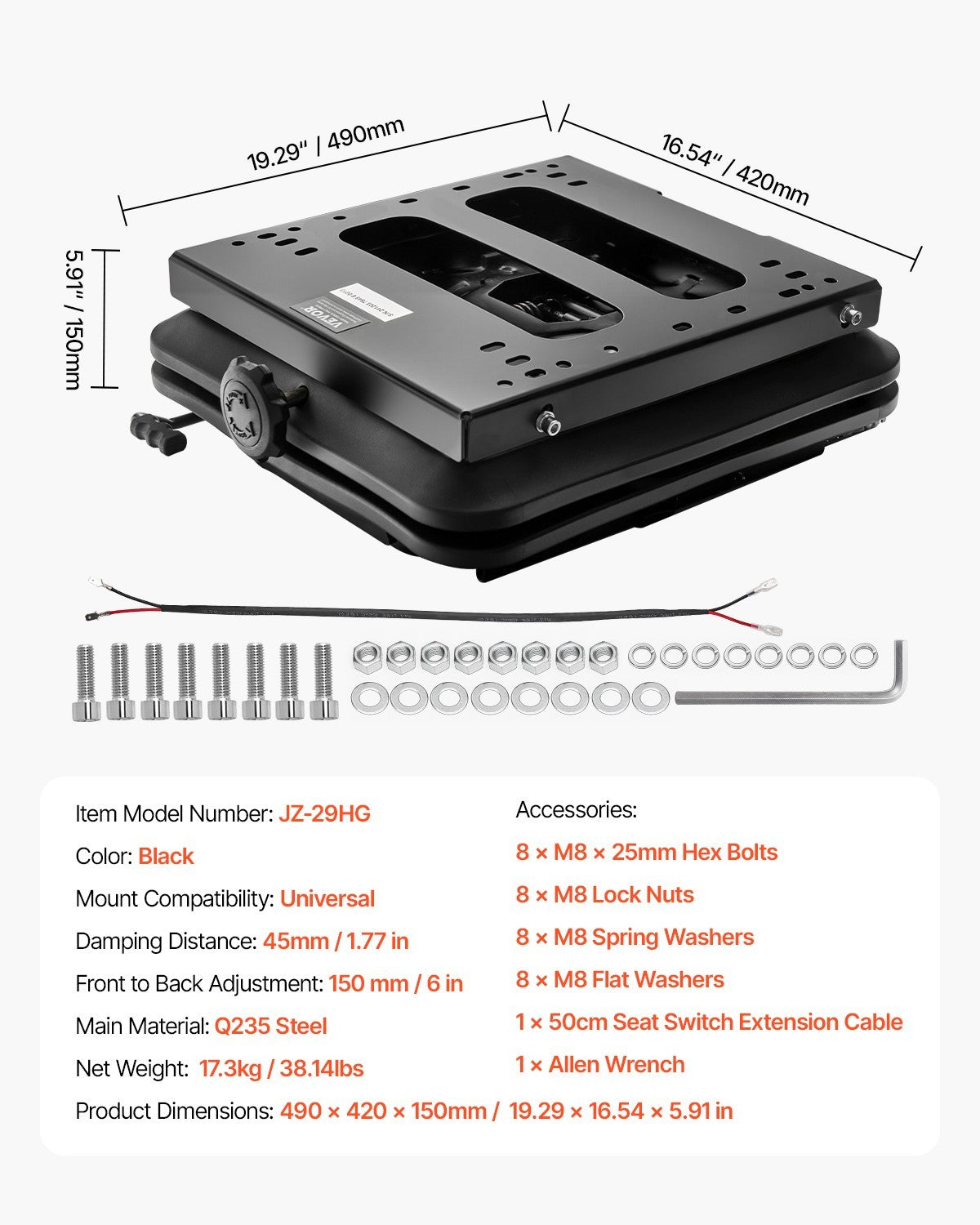 VEVOR Universal Seat Suspension Kit for Lawn Mower Skid Steer Forklift Tractor