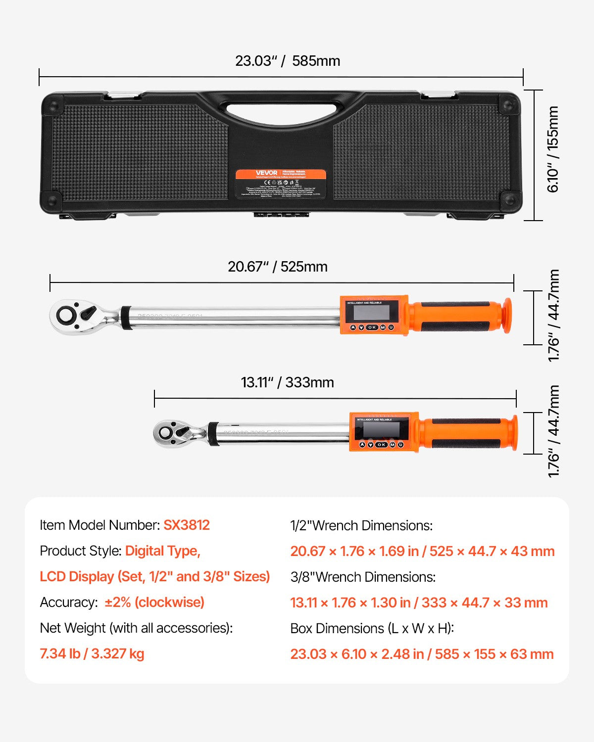 VEVOR Digital Torque Wrench Set 2Pieces 1/2 3/8 In Drive 72-Tooth Electronic LED