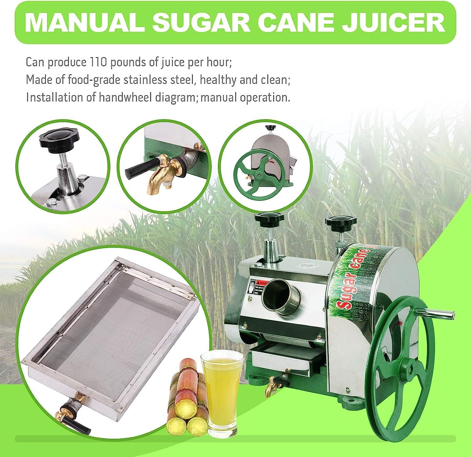 Manual Sugar Cane Press Juicer Juice Machine Commercial Extractor Mill 50KG/H