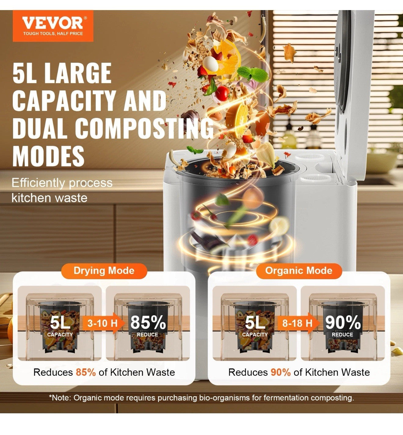 VEVOR Electric Kitchen Composter 5 L Smart Countertop Composter Food Recycler