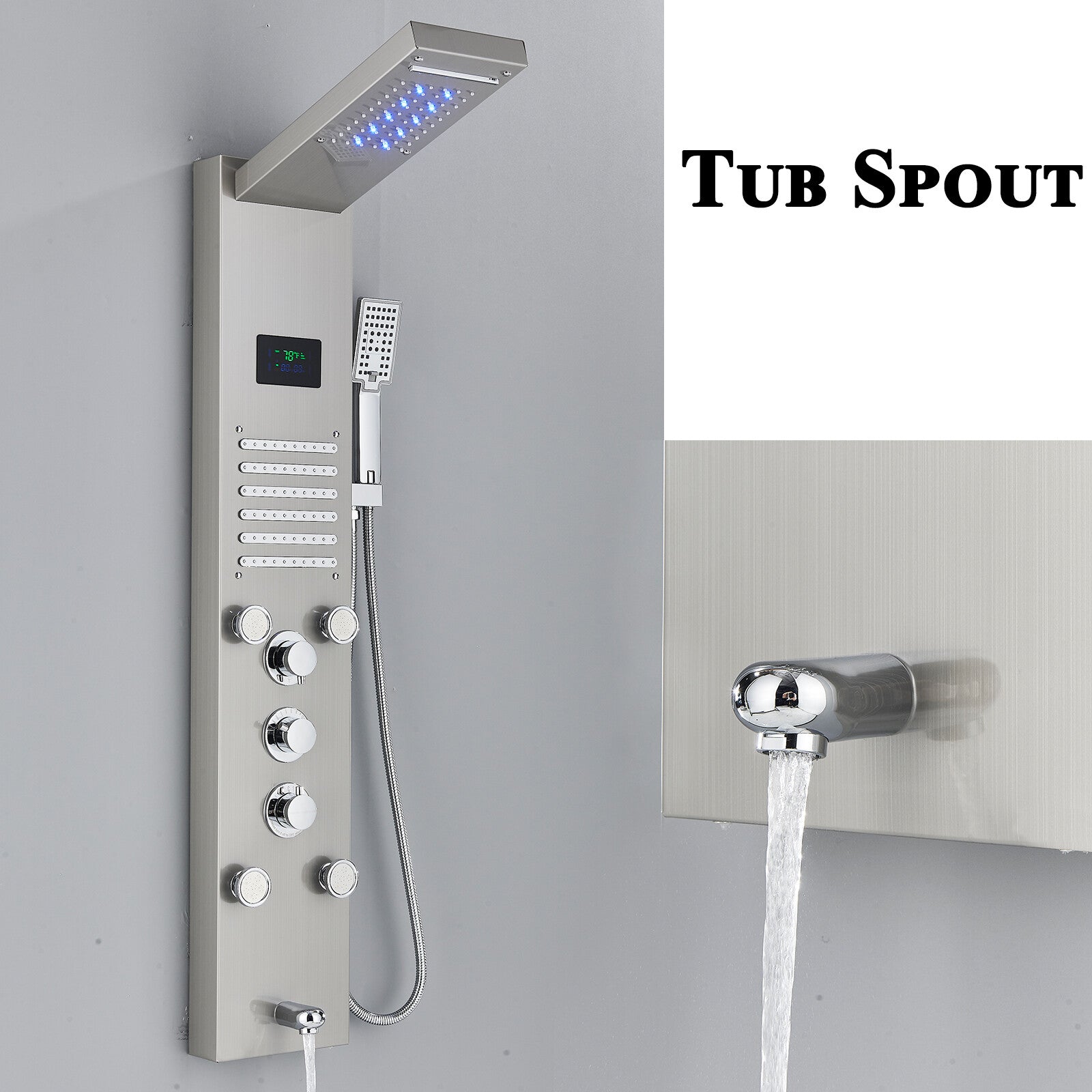 LED Shower Panel Tower Massage System Rain&Waterfall Jets Faucet Stainless Steel