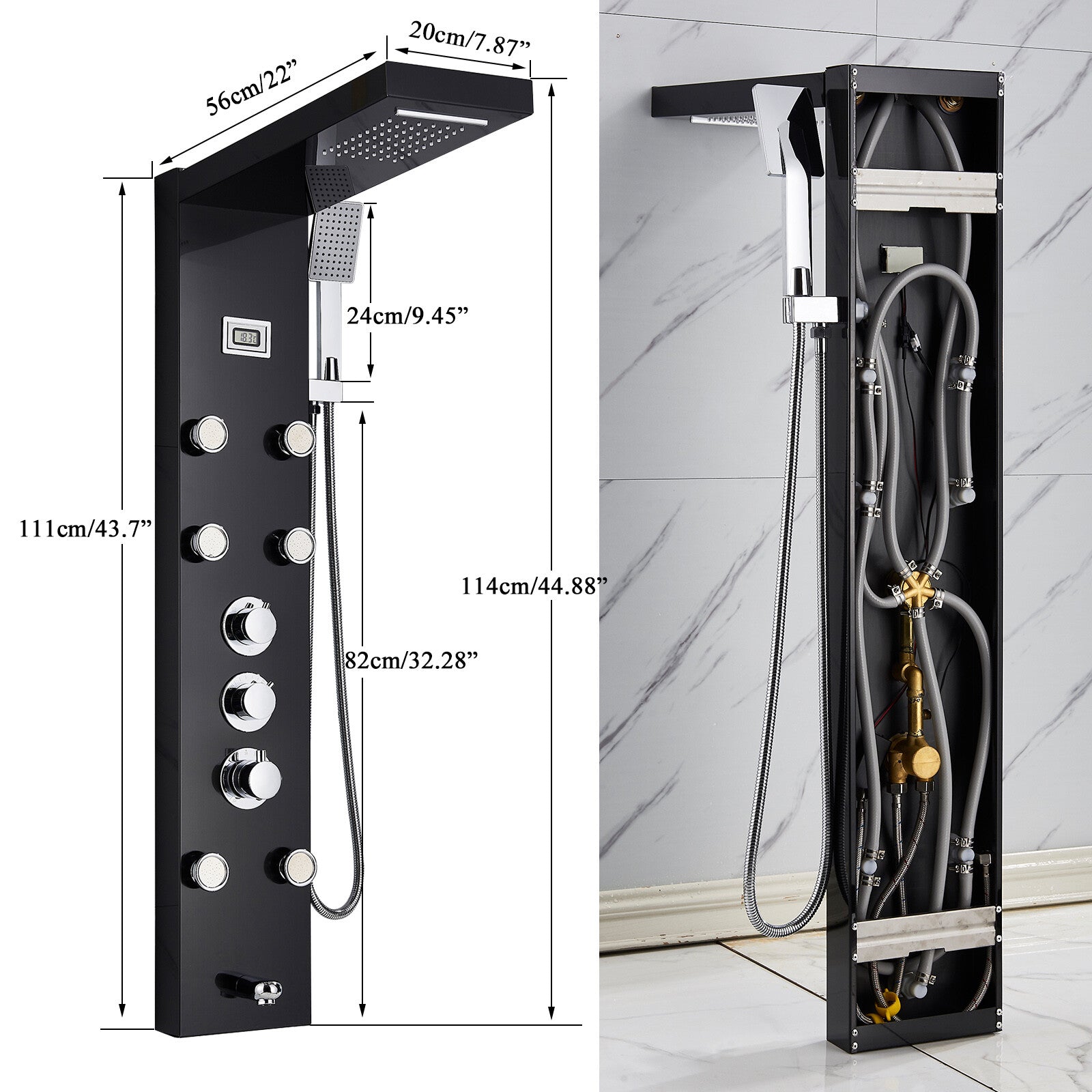 LED Shower Panel Tower Massage System Rain&Waterfall Jets Faucet Stainless Steel