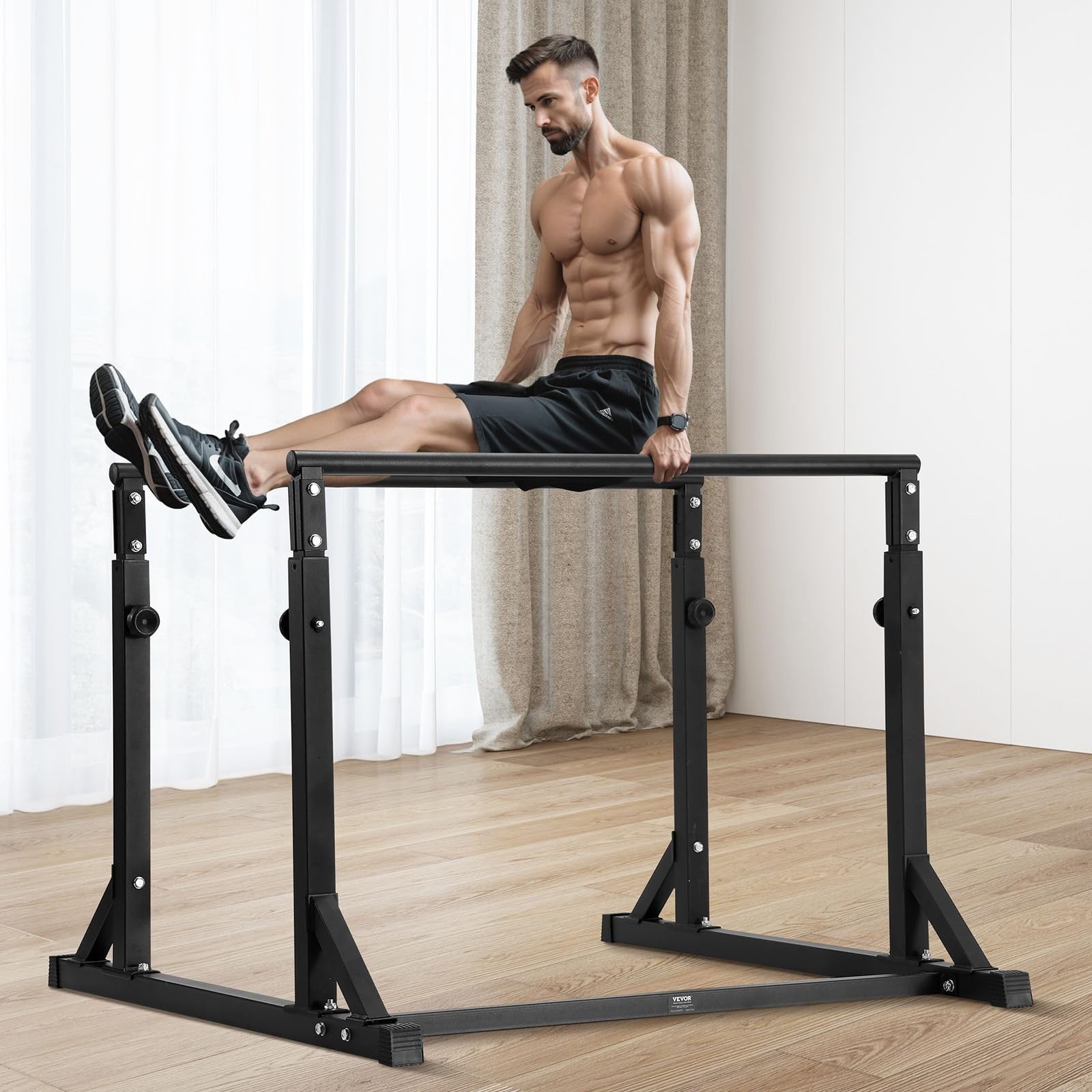 Adjustable Black Dip Bar Station Heavy Duty Portable Calisthenics Workout Stand