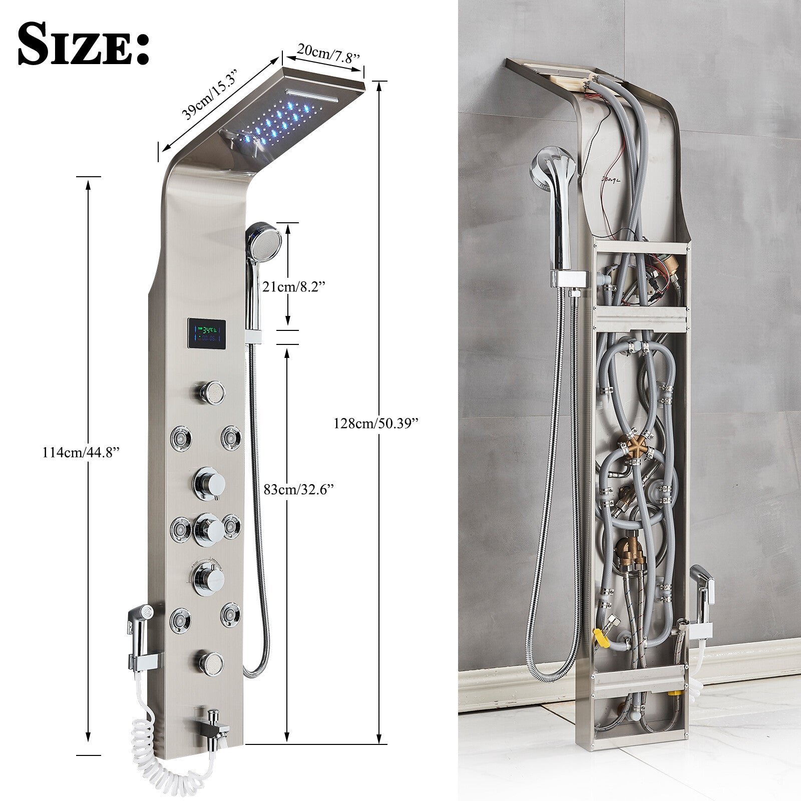 LED Shower Panel Tower Massage System Rain&Waterfall Jets Faucet Stainless Steel