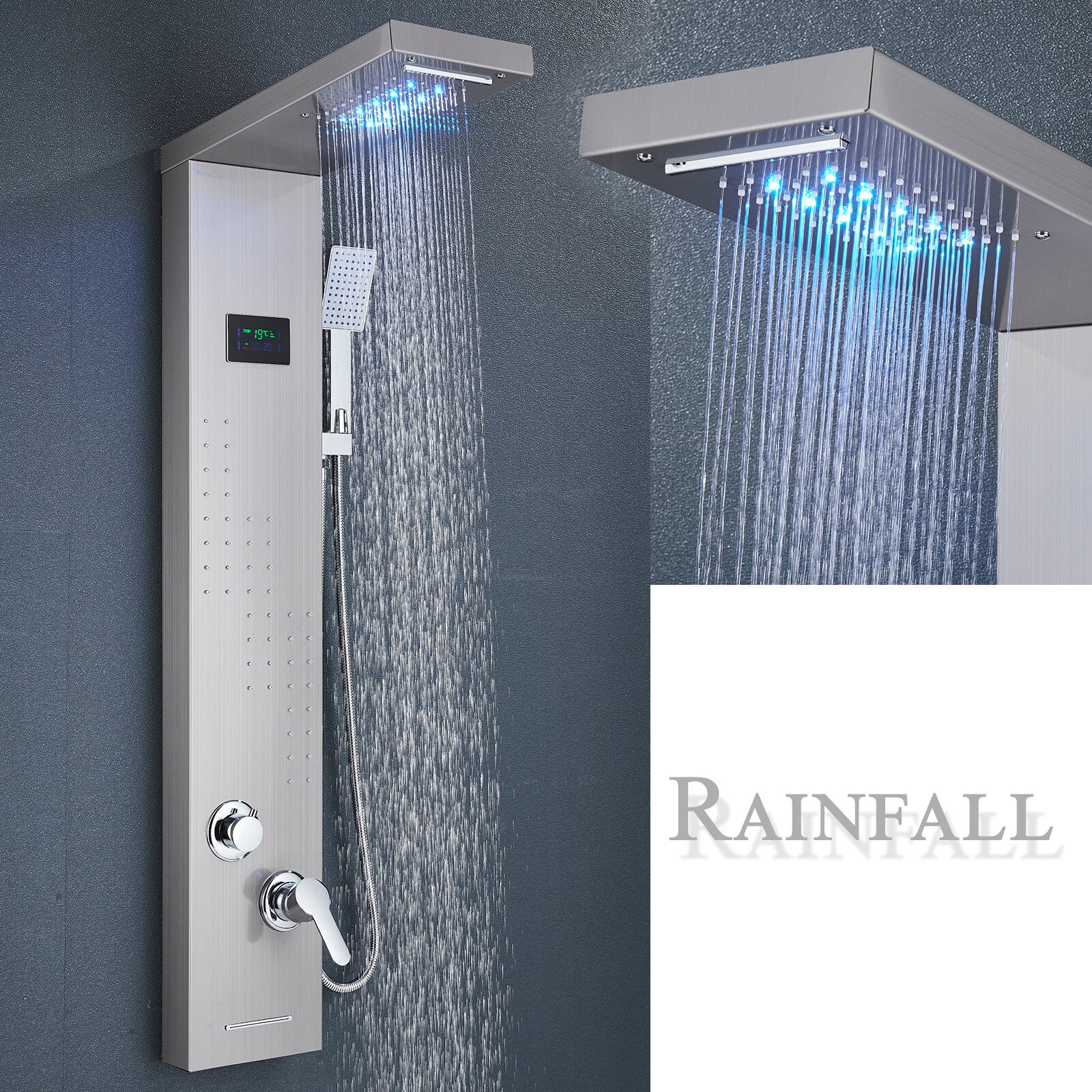 LED Shower Panel Tower Massage System Rain&Waterfall Jets Faucet Stainless Steel