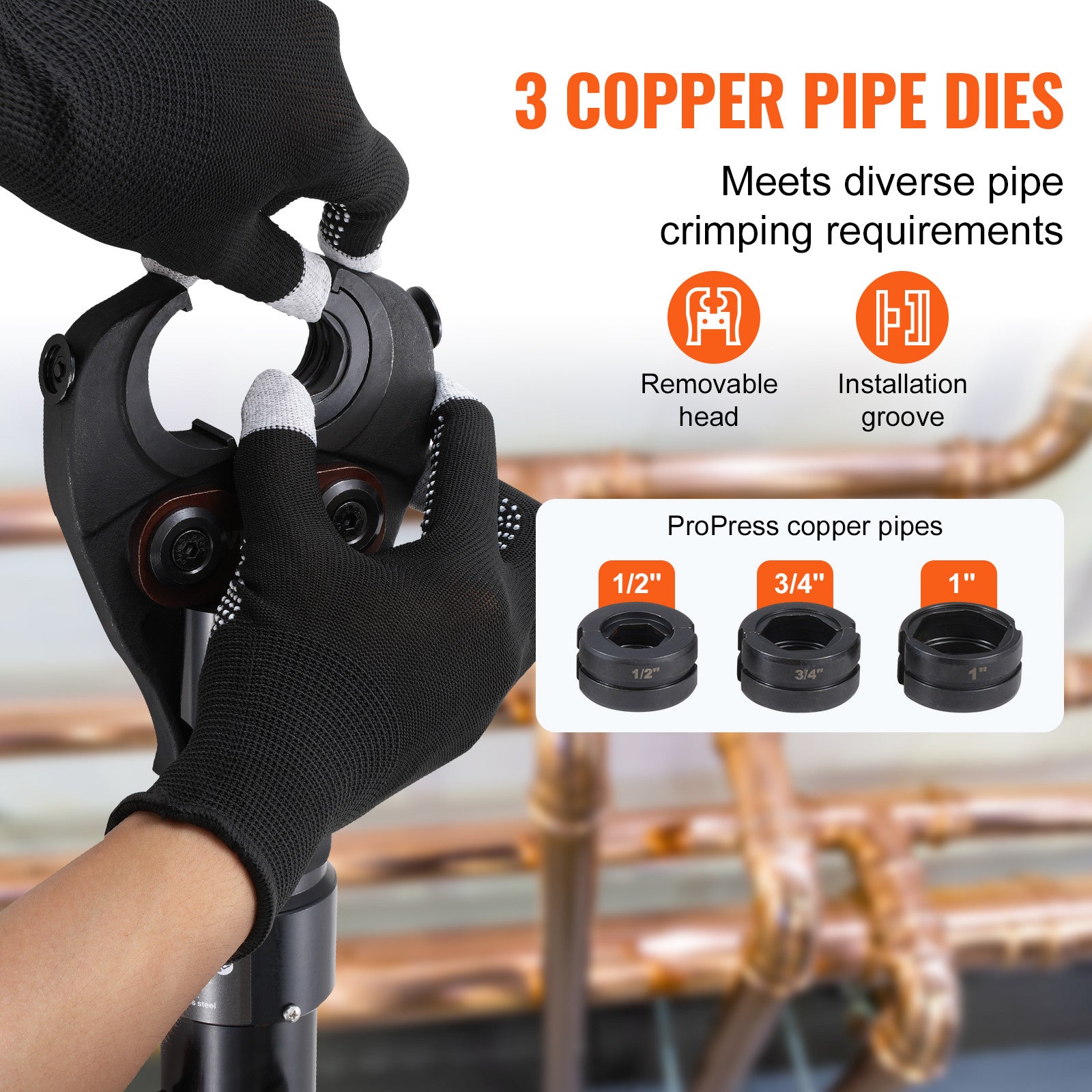 Copper Tube Fittings Crimping Tool with 1/2" 3/4" 1" Jaws Pipe Cutter