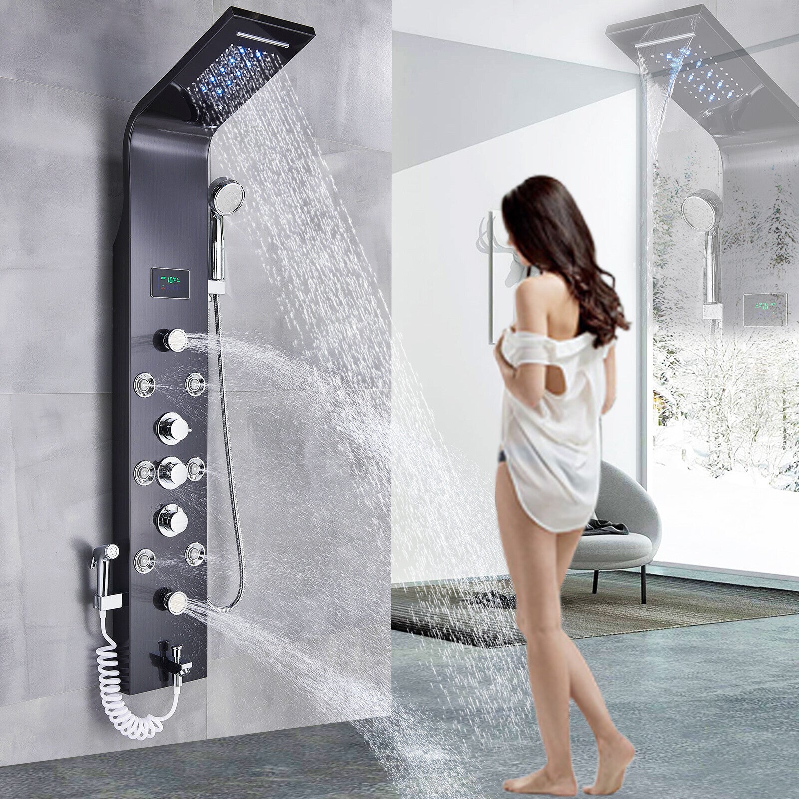LED Shower Panel Tower Massage System Rain&Waterfall Jets Faucet Stainless Steel