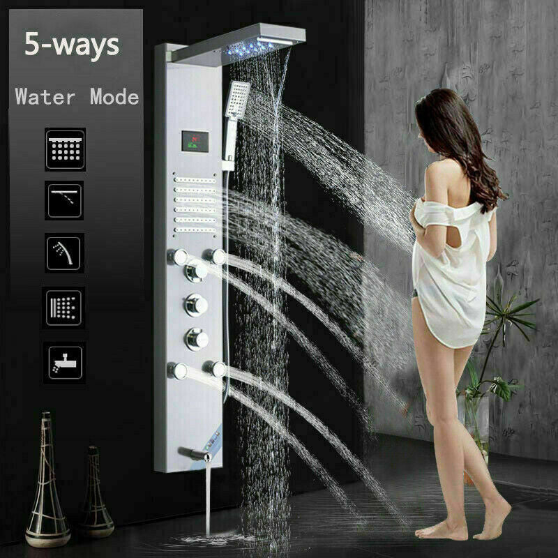 LED Shower Panel Tower Massage System Rain&Waterfall Jets Faucet Stainless Steel