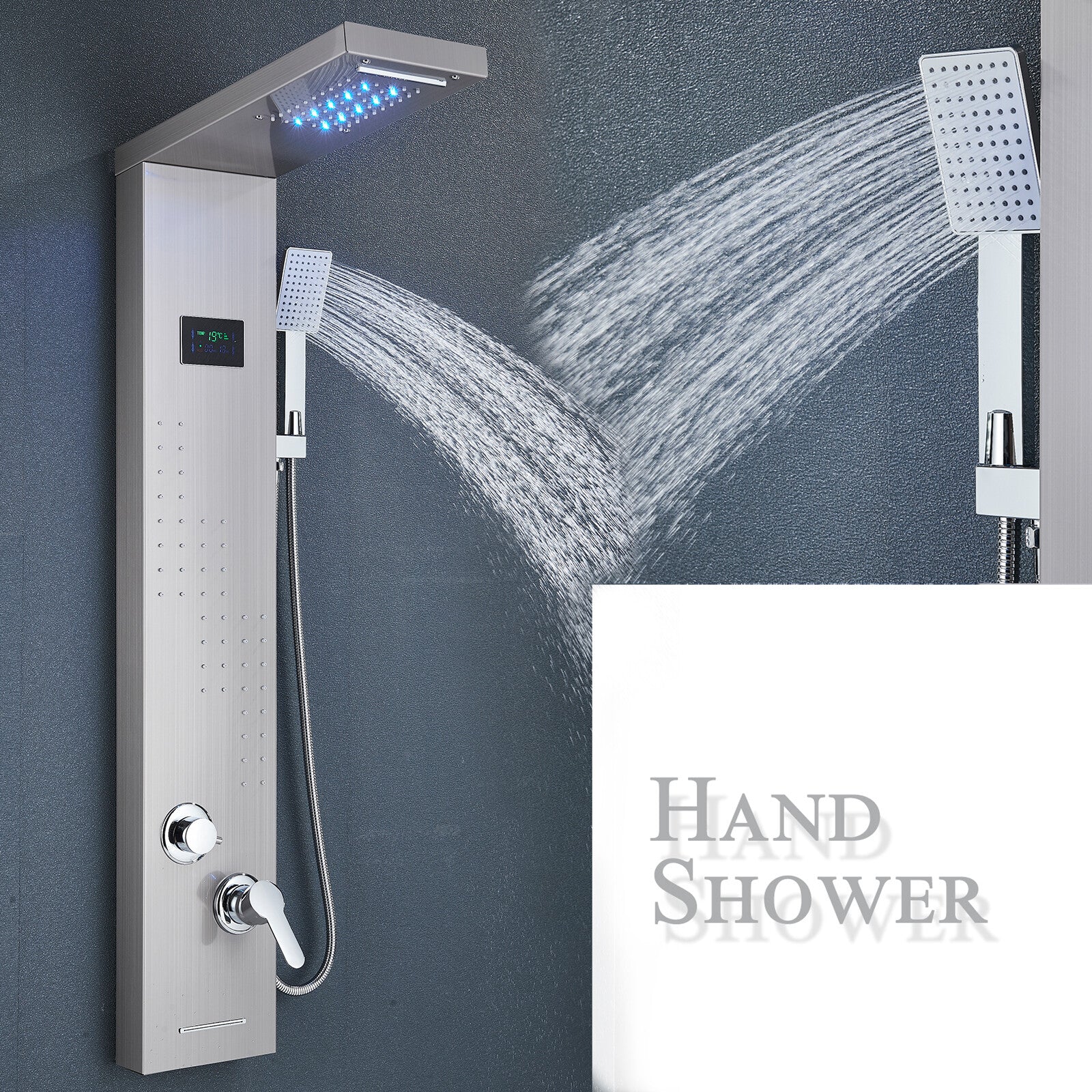 LED Shower Panel Tower Massage System Rain&Waterfall Jets Faucet Stainless Steel